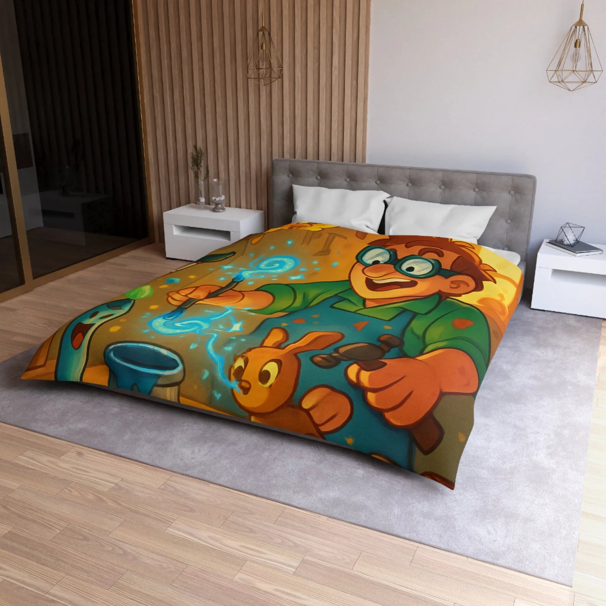 Artisan heureux sculpte figurines magiques dans atelier en bois lumineux et coloré