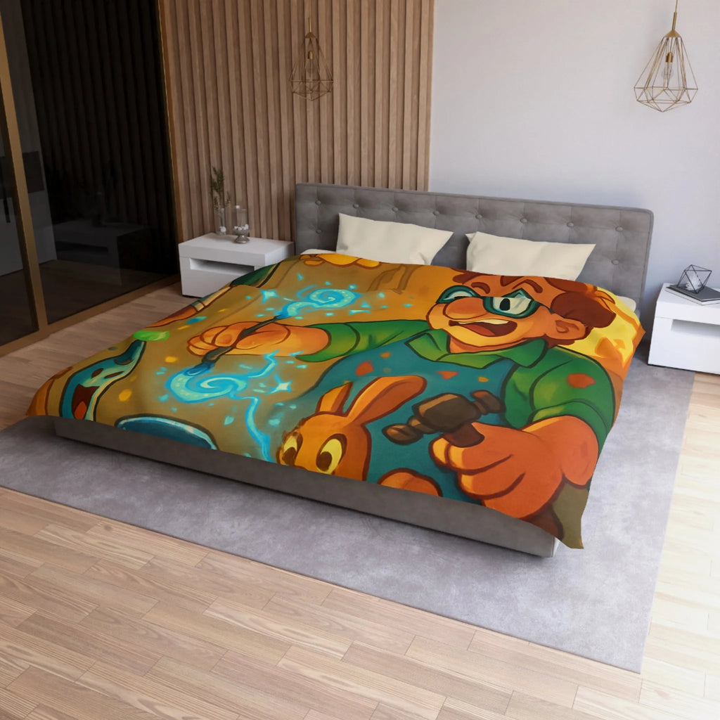 Artisan heureux sculpte figurines magiques dans atelier en bois lumineux et coloré