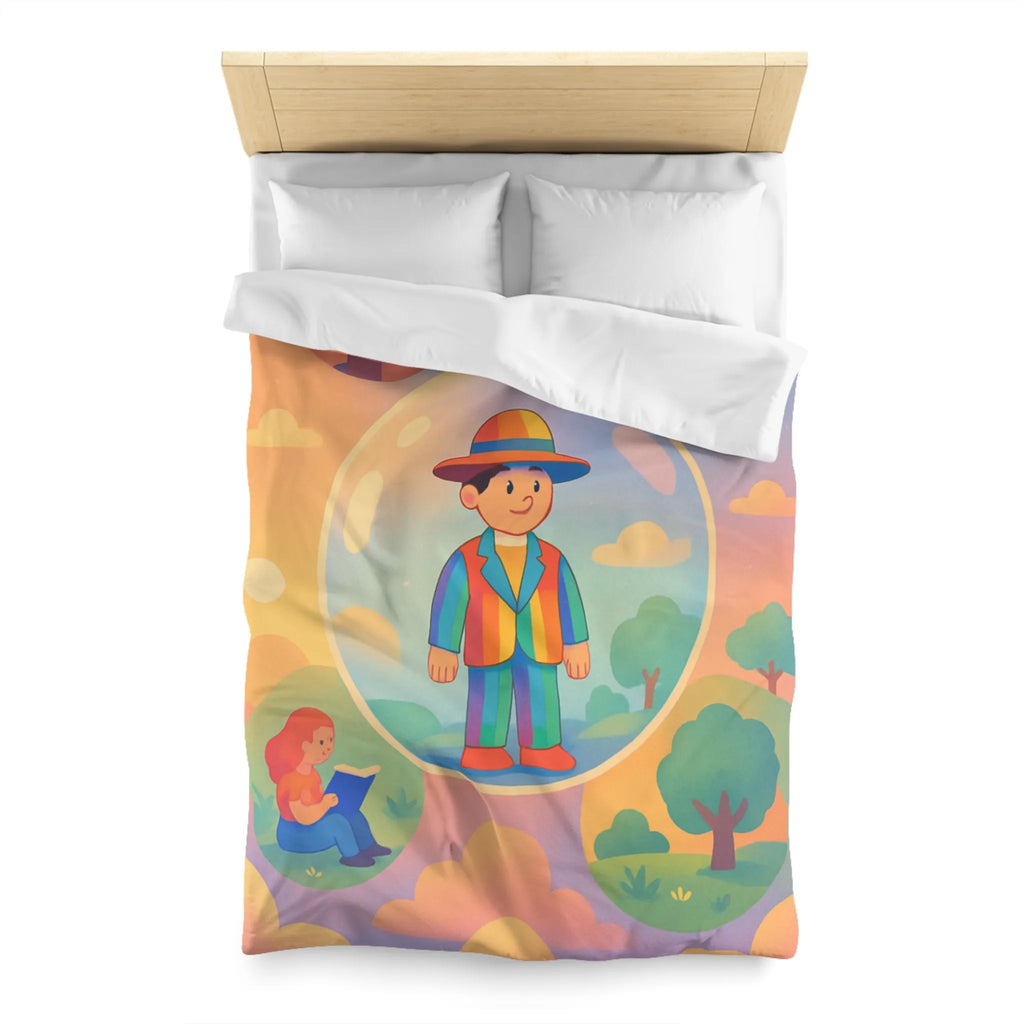 Housse de couette aux motifs rêveurs de personnages dans des bulles colorées et apaisantes