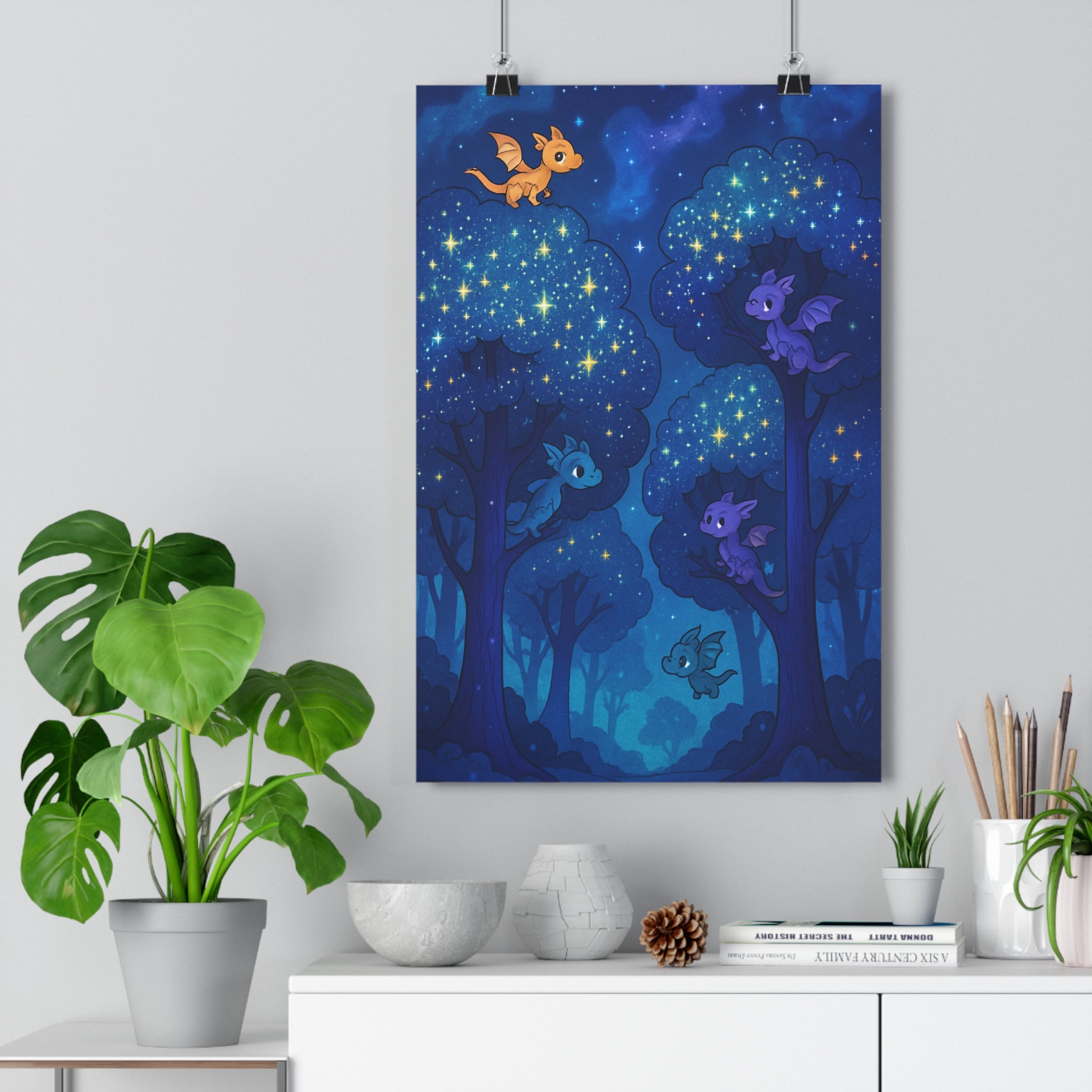 Poster décoratif forêt dragons colorés étoilée anime fantastique magique chambre enfant 30x46 créatif ambiance