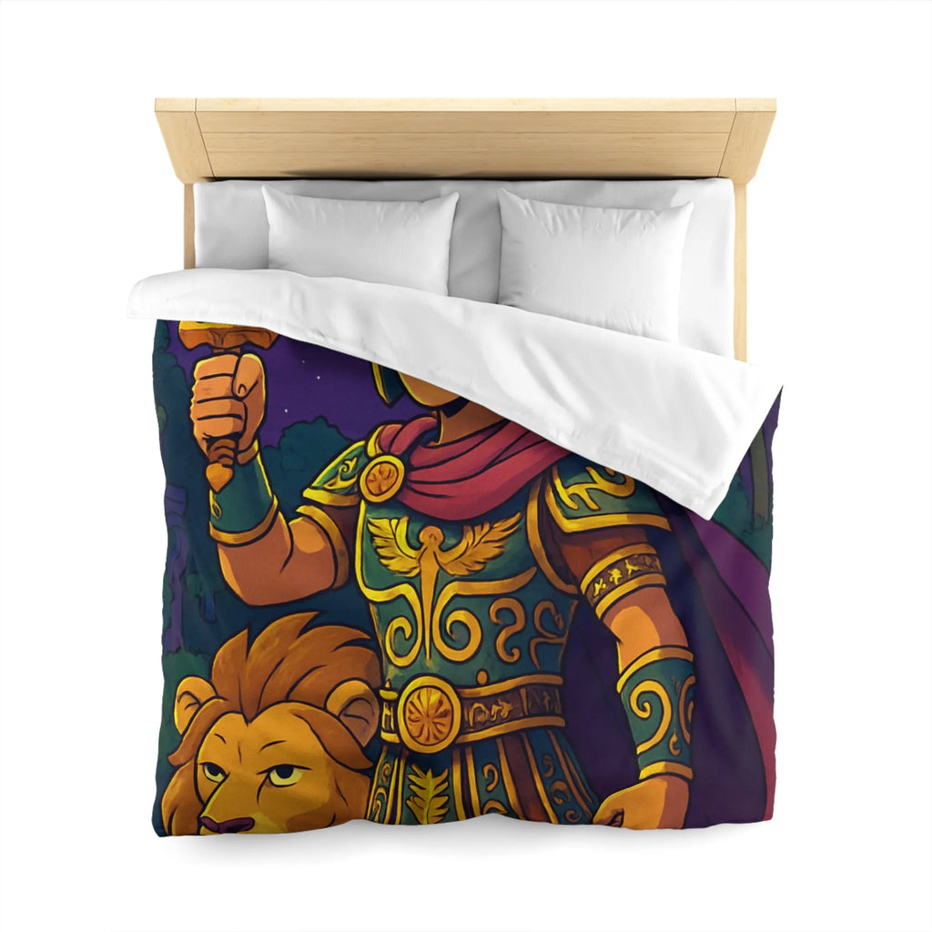 Housse de couette épique pour enfants avec un guerrier et un lion mythiques