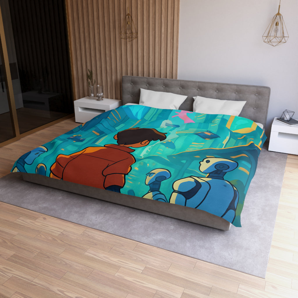 Housse de couette urbaine futuriste avec robots et affiches lumineuses pour chambre moderne