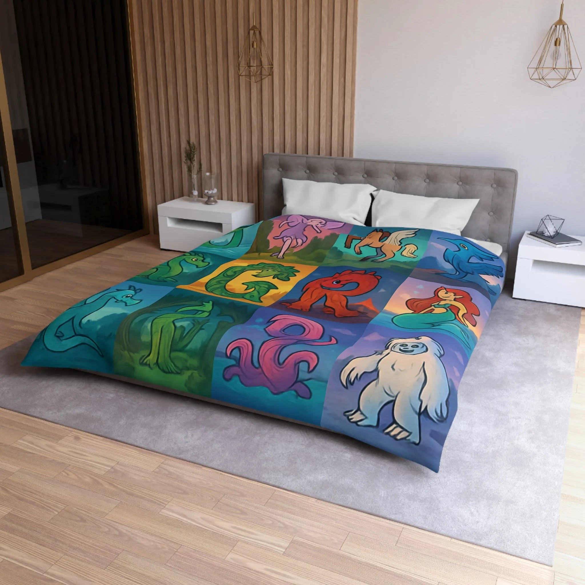 Housse de couette enchantée avec lettres magiques et créatures mythiques colorées