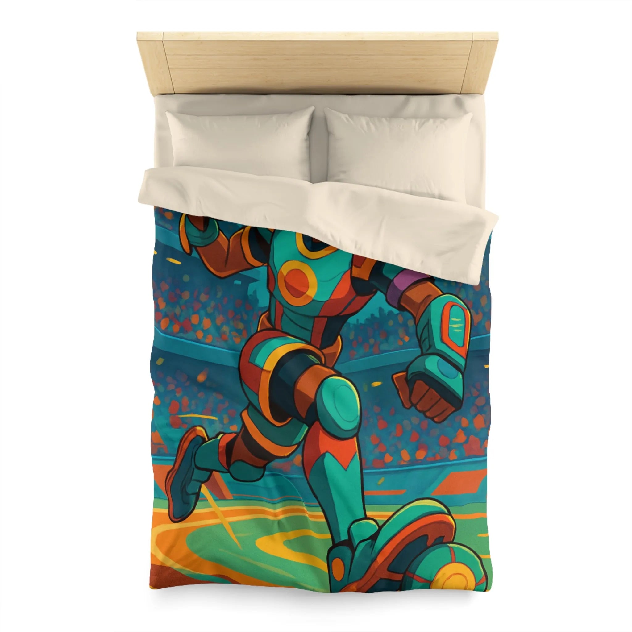 Housse de couette colorée avec joueur futuriste en action dans un stade dynamique