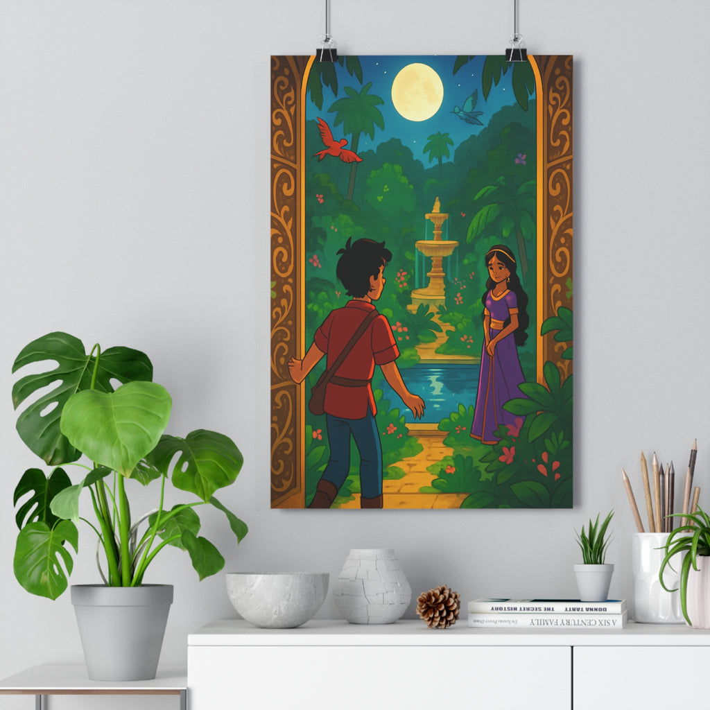Poster décoratif jardin secret magique lune enfant luxuriant exotique coloré nocturne sérénité chambre ambiance