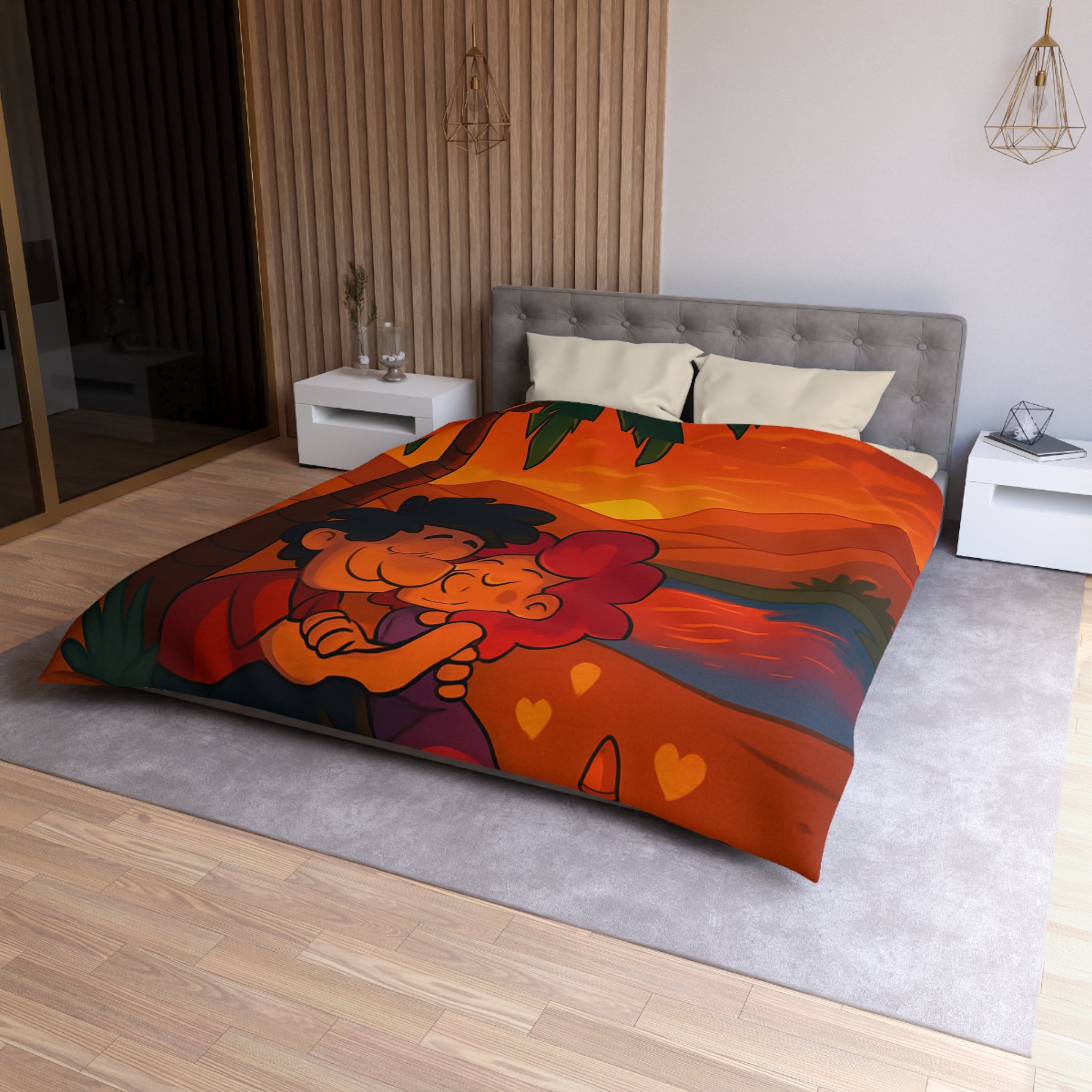 Housse de couette romantique avec couple câlin et coucher de soleil magique désertique