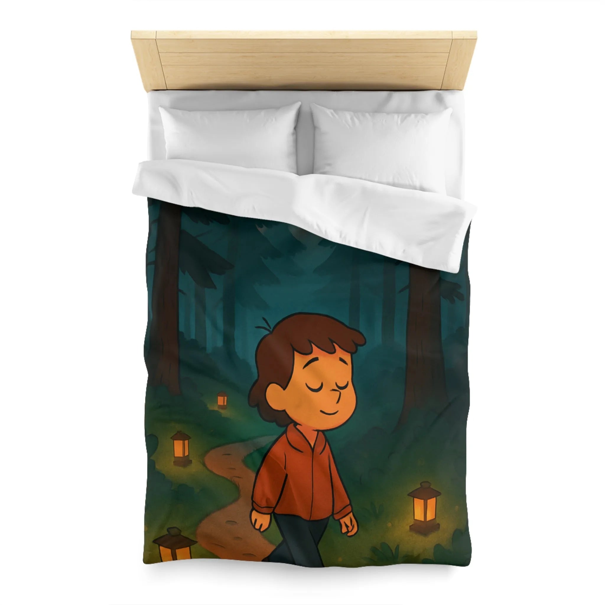 Housse de couette enfantine avec décor paisible de forêt au crépuscule pleine de lanternes