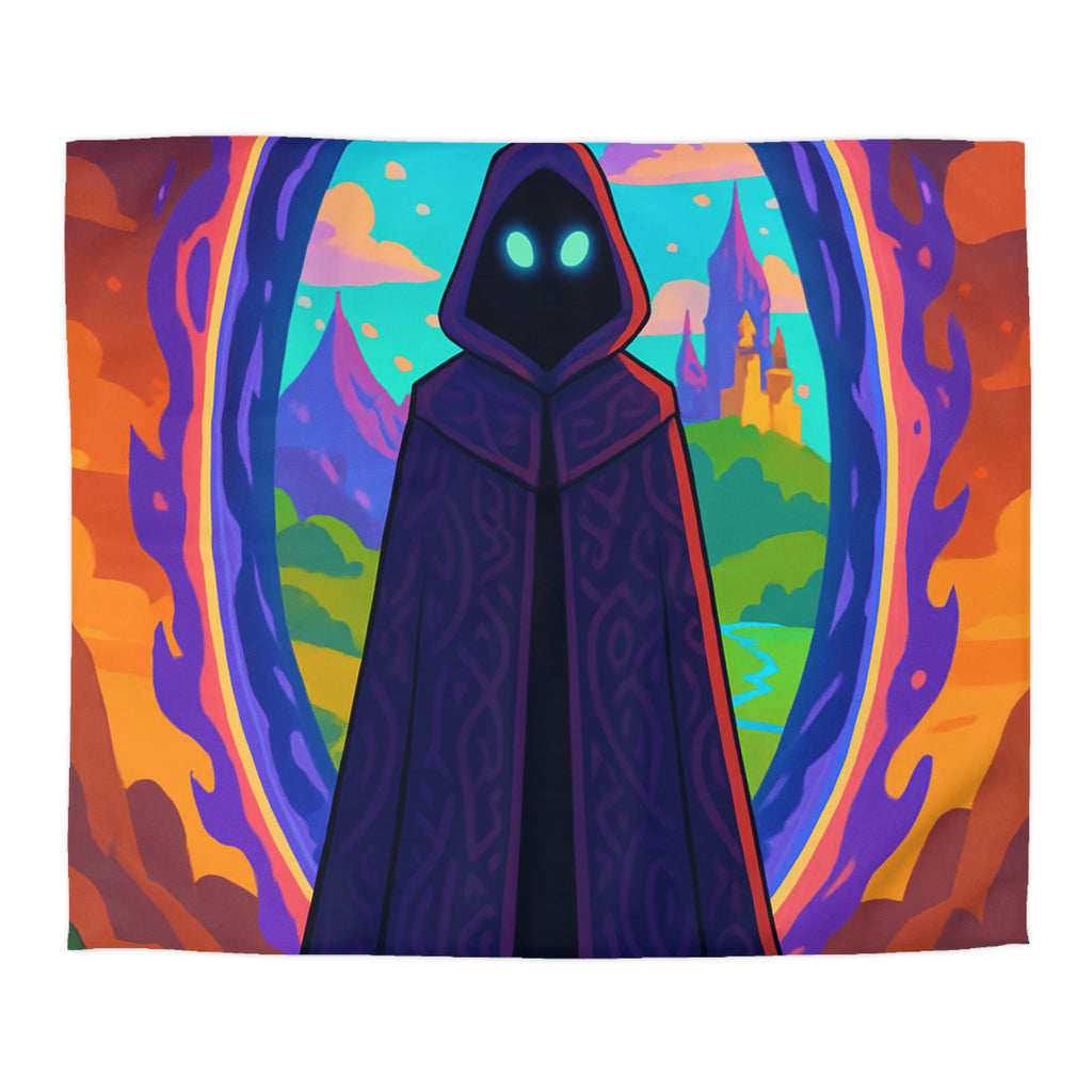 Mystérieux paysage enchanté avec mage en robe près du portail vibrant coloré