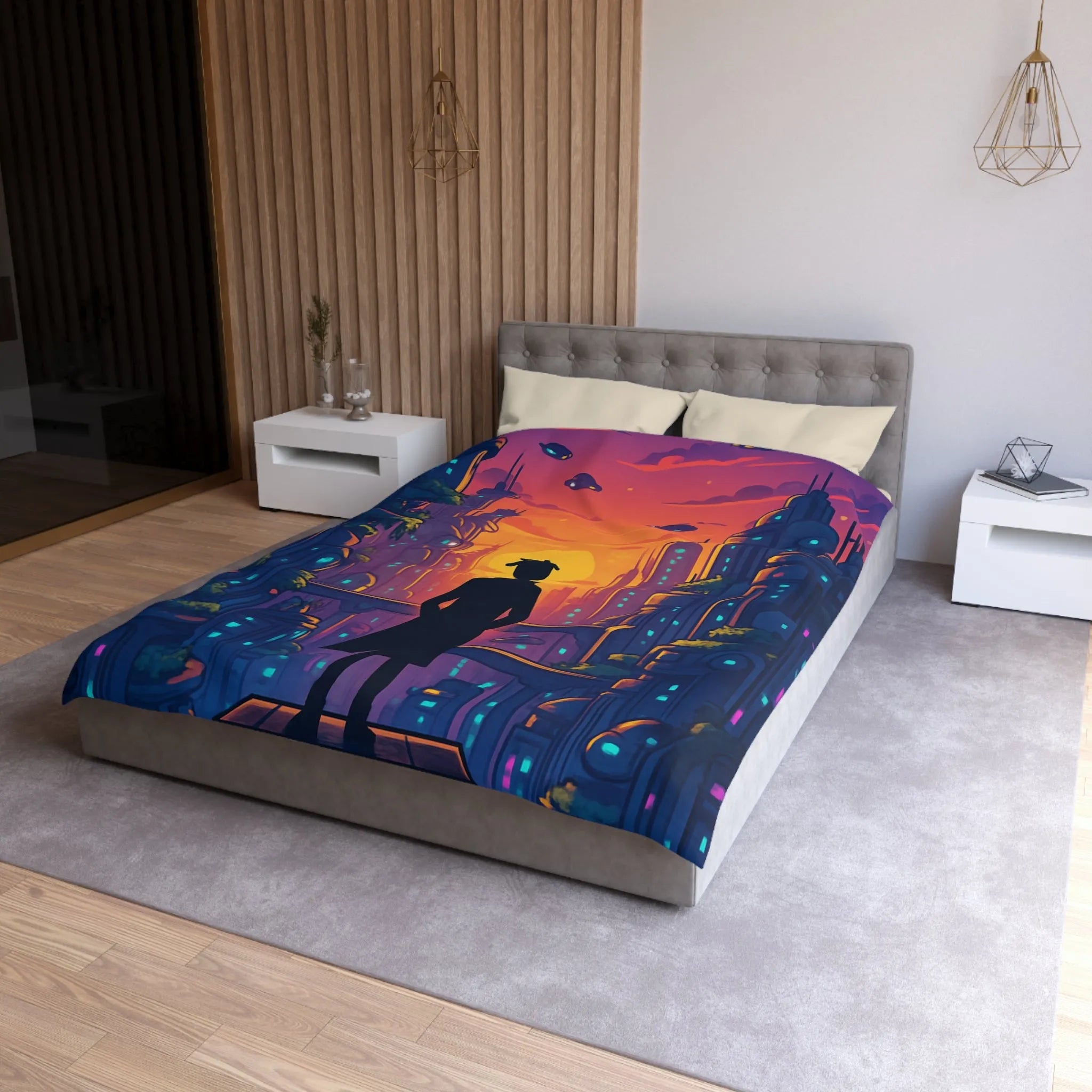 Housse de Couette Futuriste avec Paysage Urbain et Ciel Étoilé Orange et Bleu