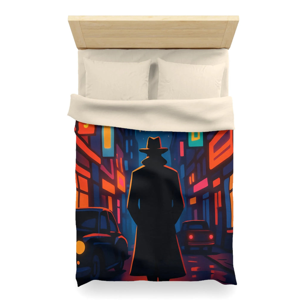 Housse de couette avec silhouette urbaine rétro, lune mystérieuse et néons intenses