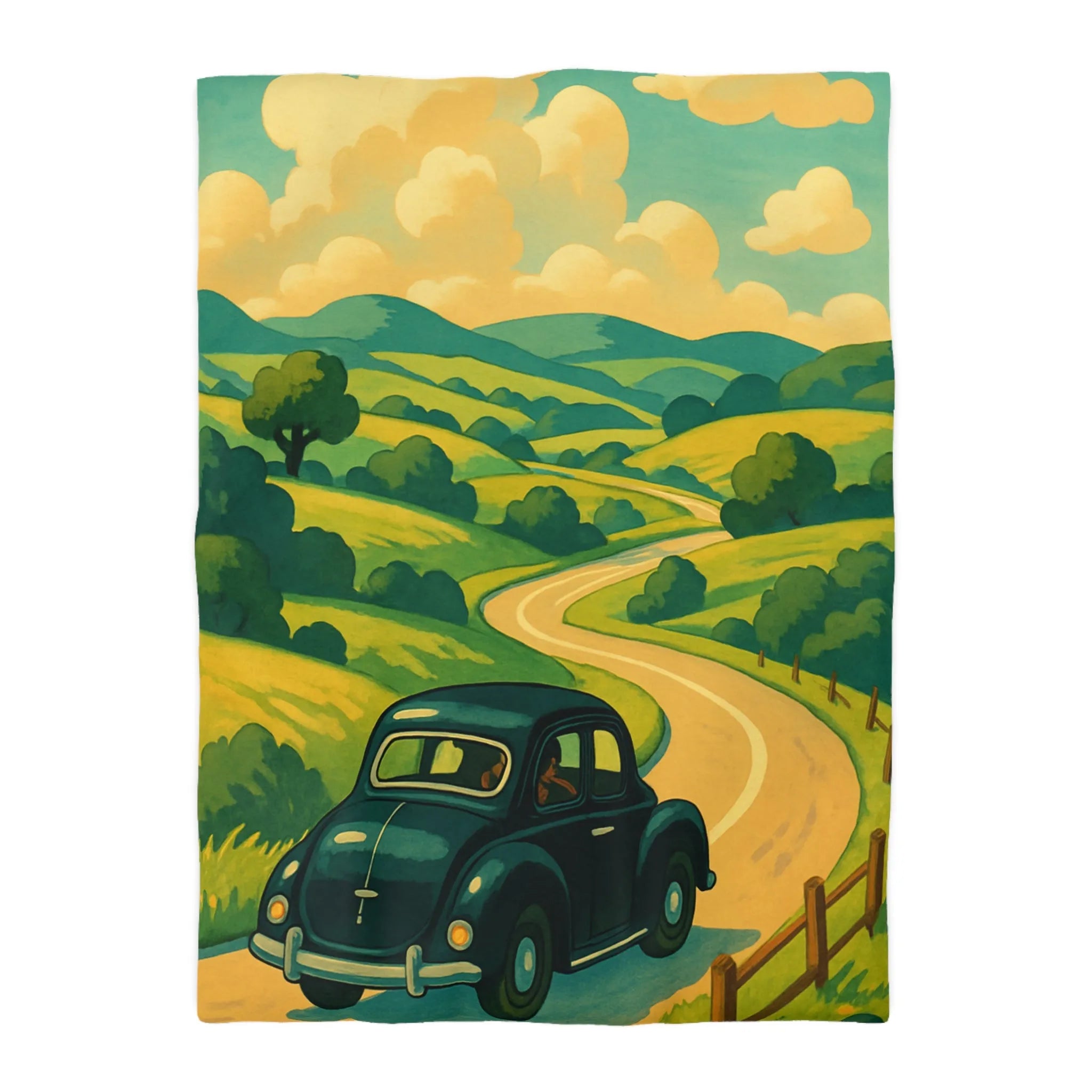 Charmante voiture rétro sur route sinueuse à travers collines verdoyantes et ciel ensoleillé