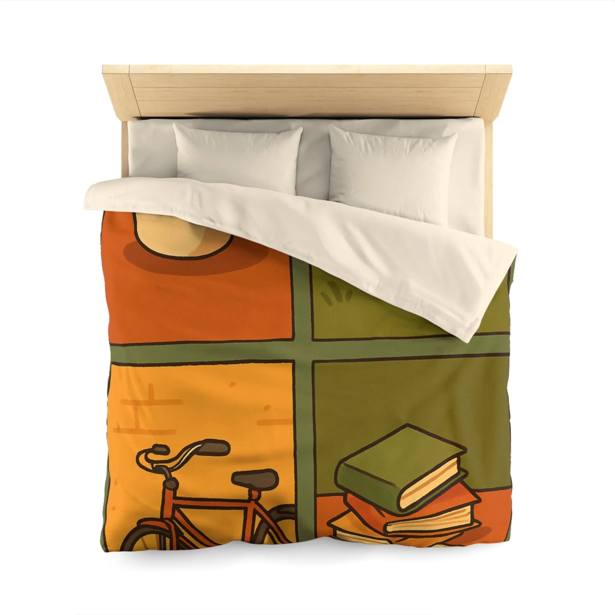 Housse de Couette Décontractée avec Chat Orange, Café, Vélo et Livres Colorés