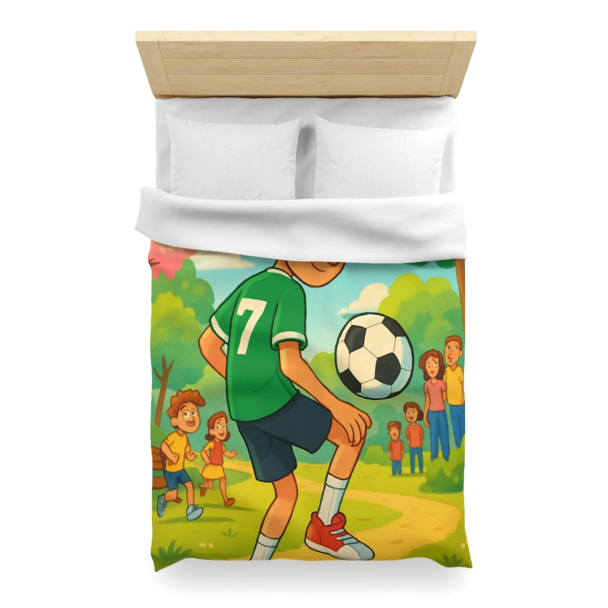 'Housse de couette enfant : garçon jouant au football dans parc coloré et animé'