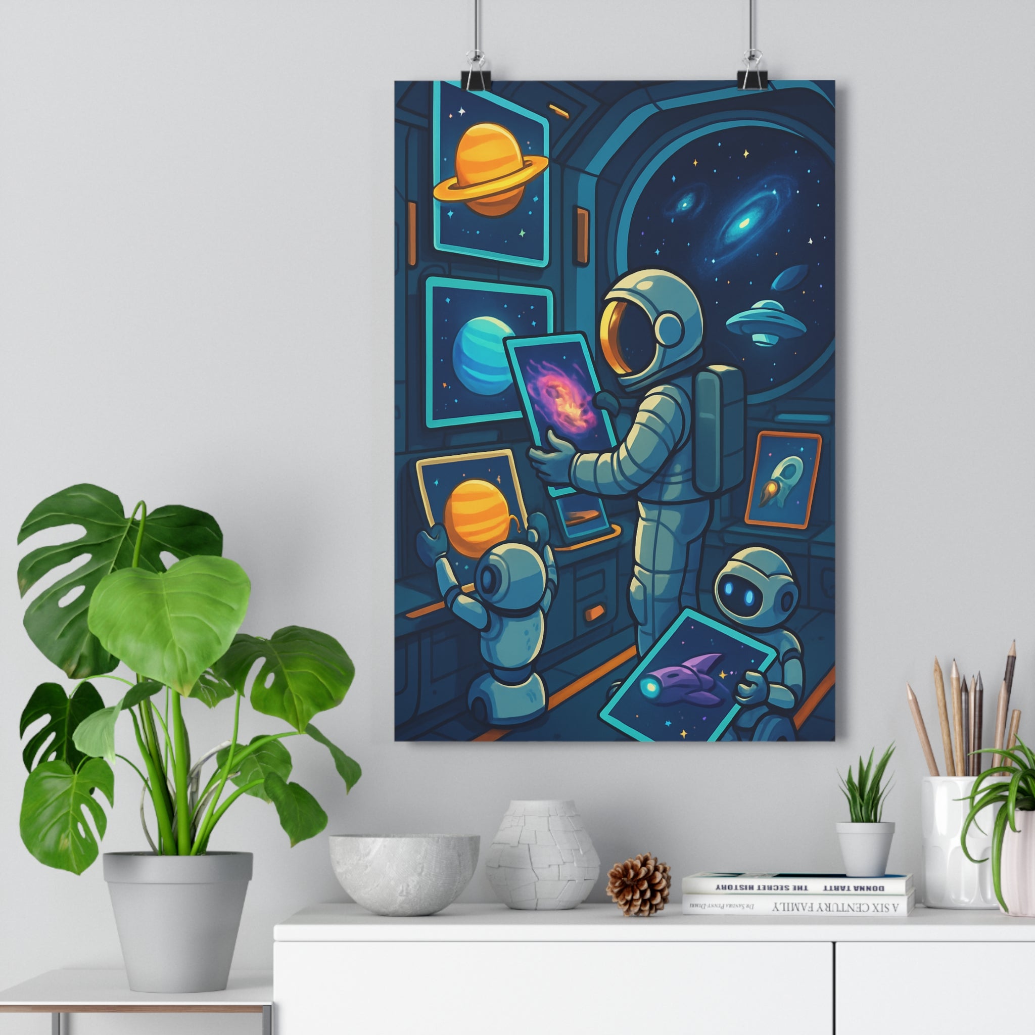 Poster décoratif futuriste bleu orange dessin animé astronaute robots galaxie chambre enfant aventure moderne
