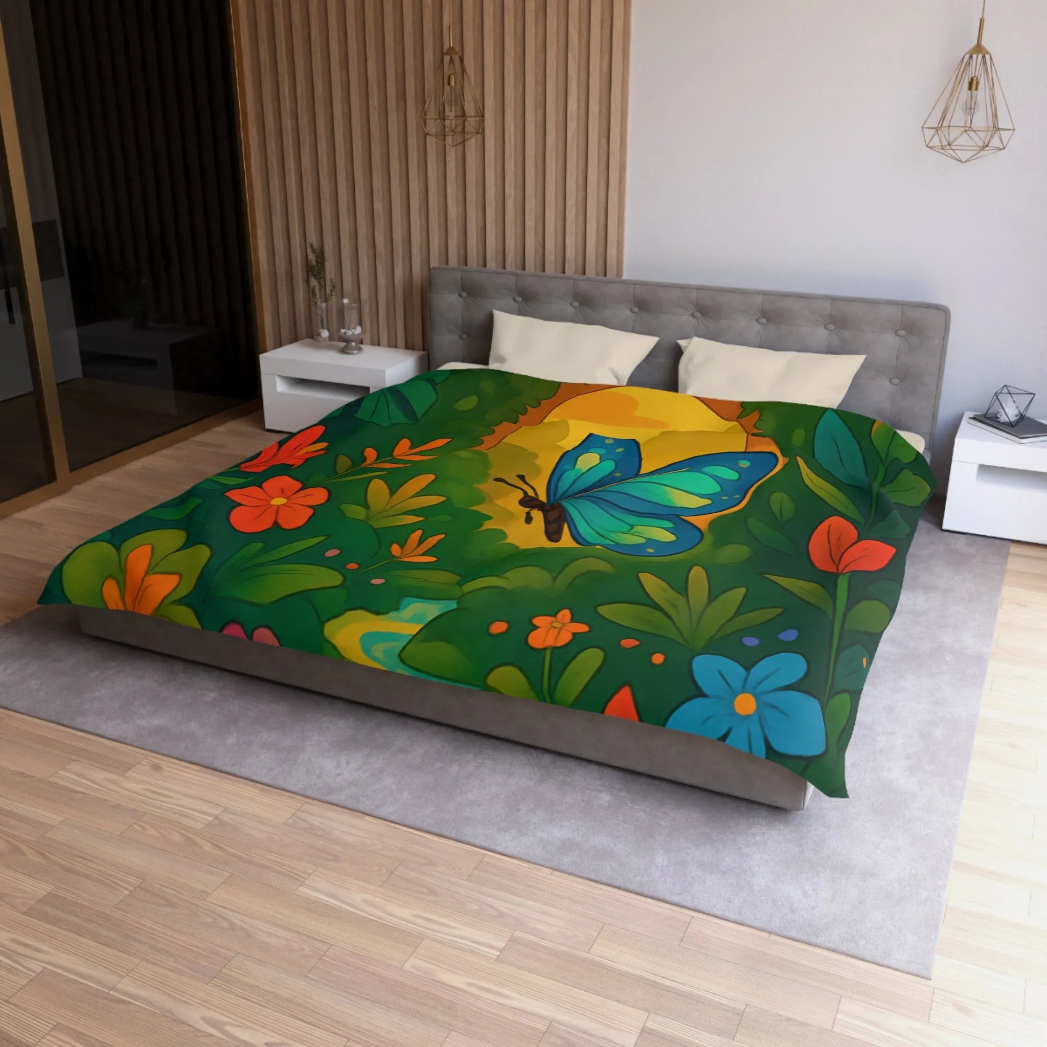 Housse de Couette avec Papillon et Jungle Colorée pour Chambre Enfant Éclatante Nature