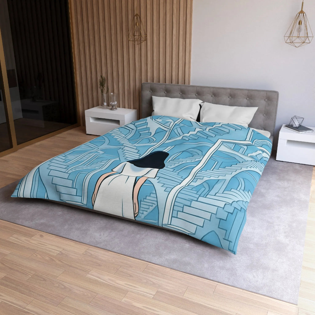 Housse de couette escalier infini en bleu avec femme en robe blanche contemporaine