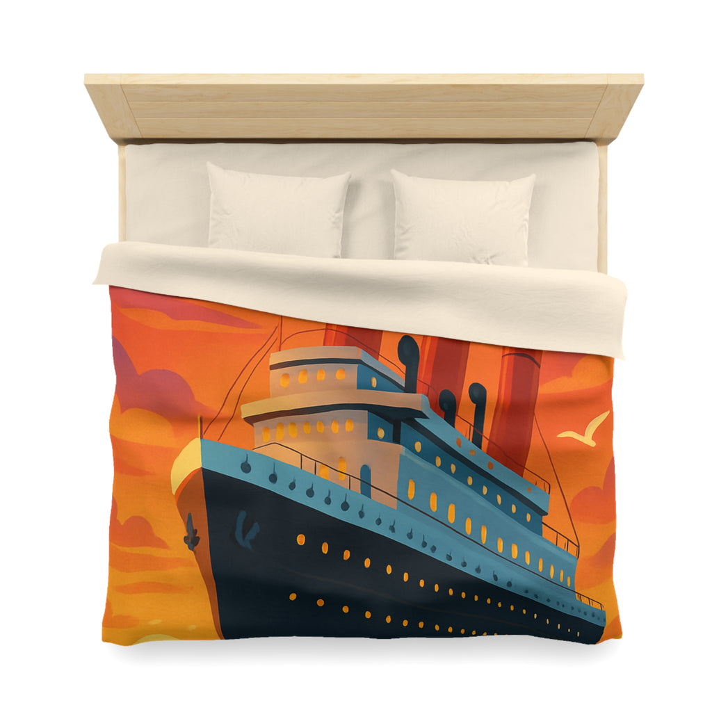 Superbe housse de couette avec paquebot vintage sous un coucher de soleil flamboyant