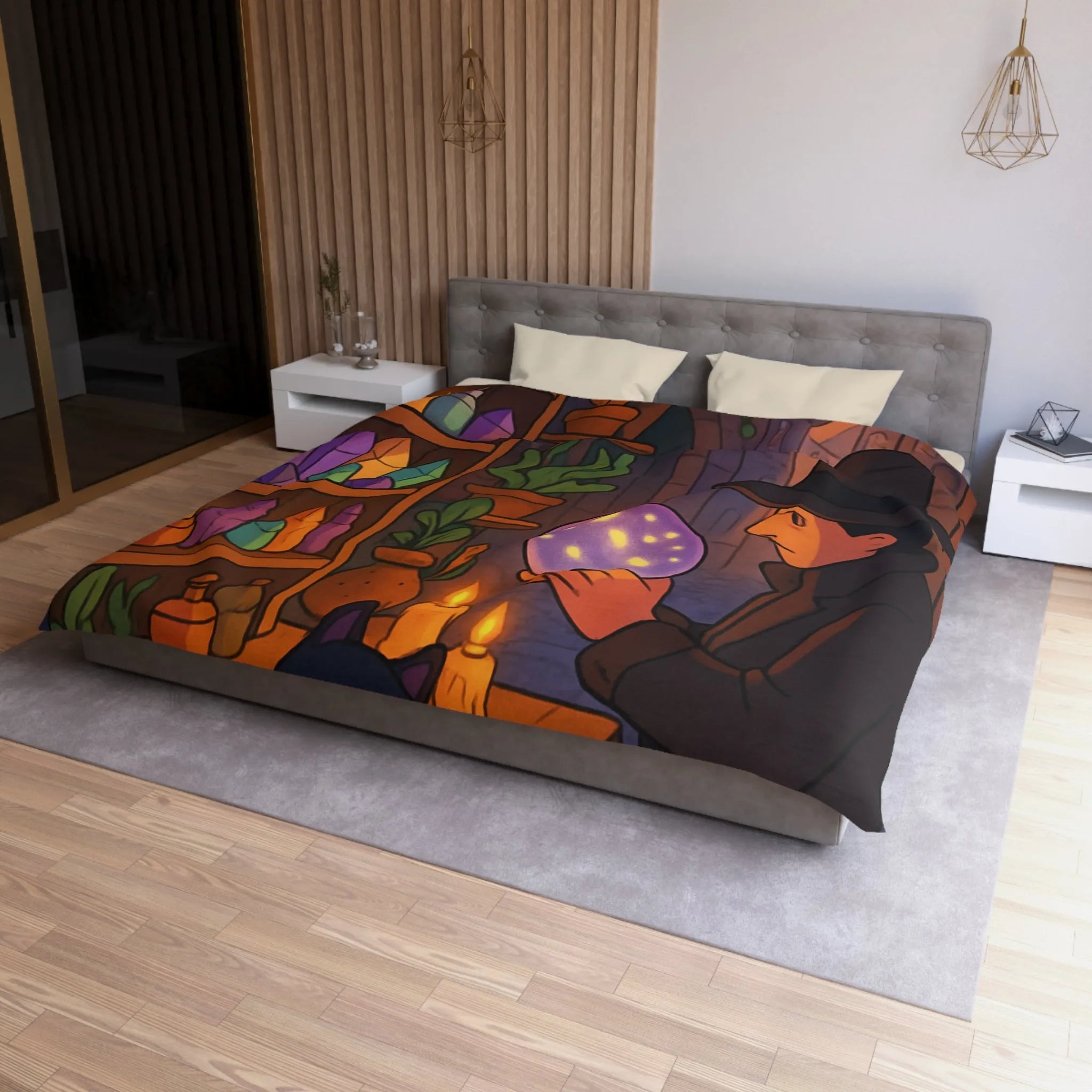 Housse de couette élégante avec scène mystique de ruelle et chat noir