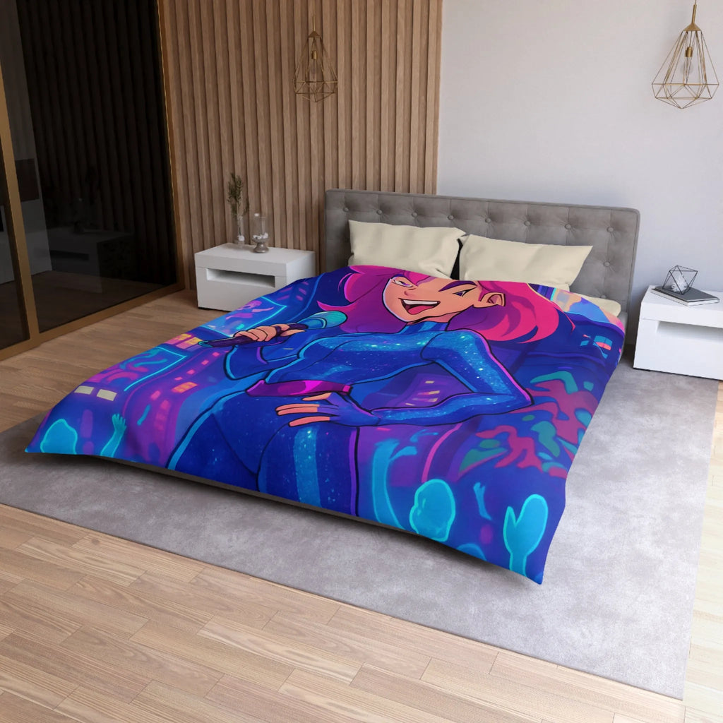 Housse de couette avec chanteuse animée en concert sur fond de ville illuminée