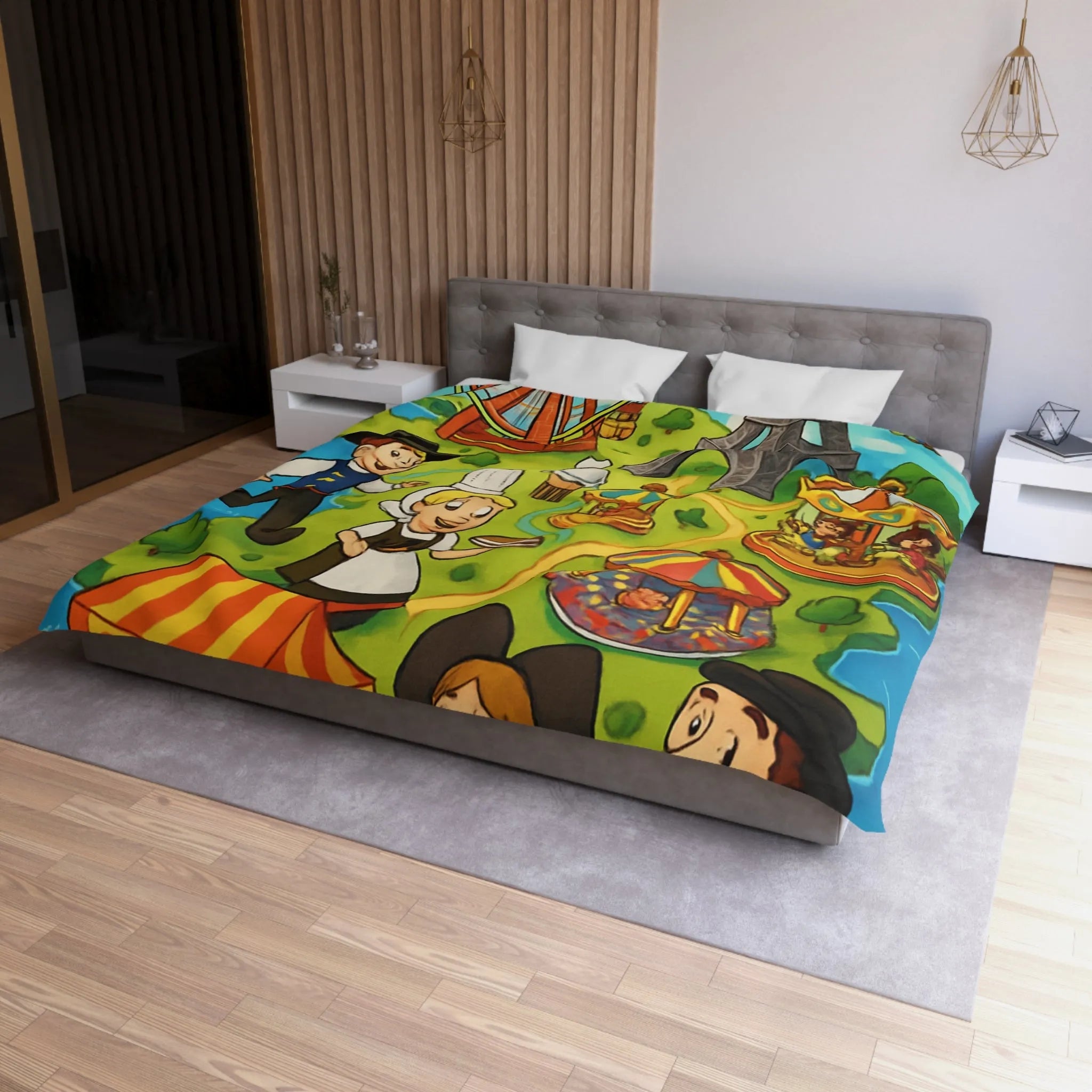 Housse de couette illustrant l'amusement et la culture française dans un parc coloré