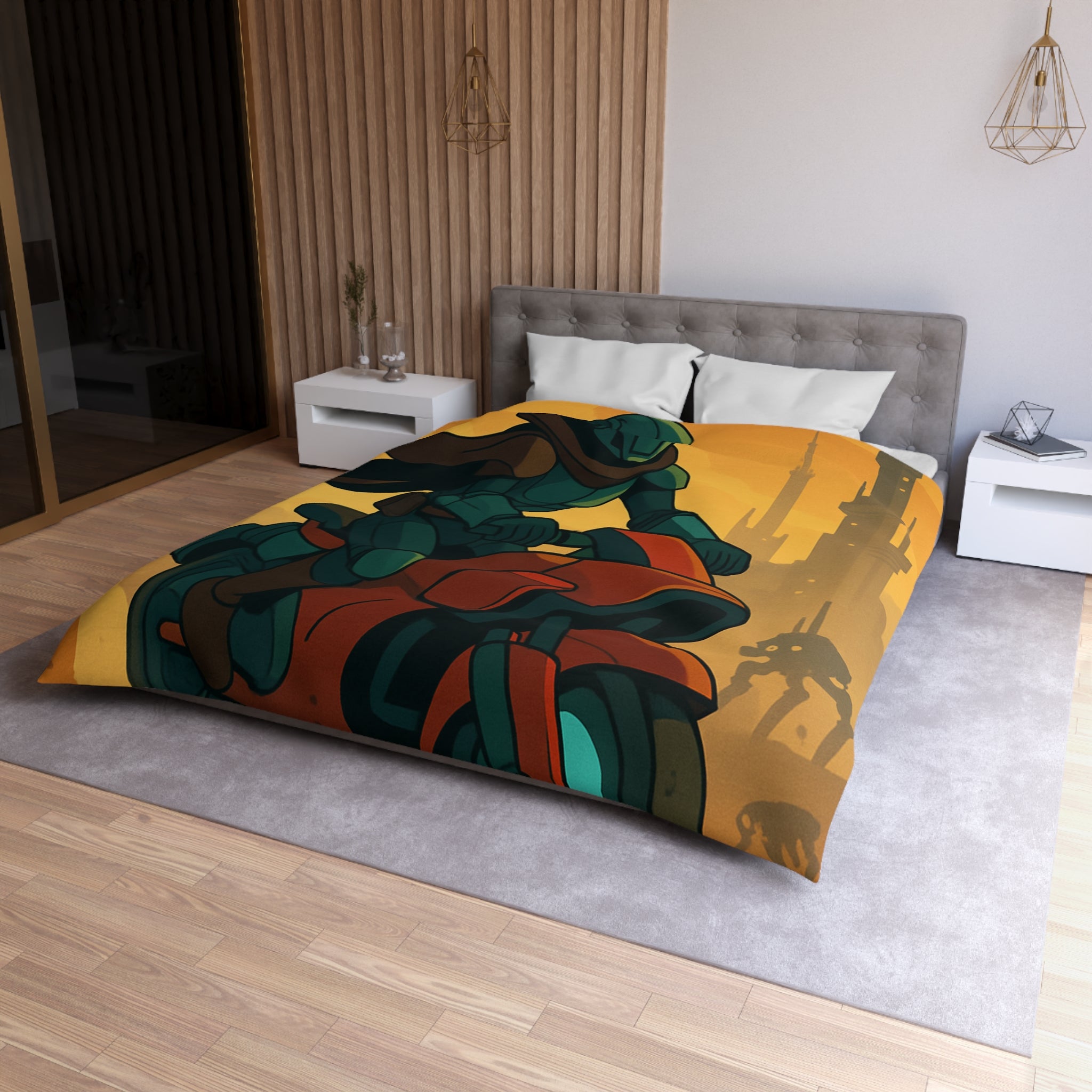 Housse de couette moto futuriste avec pilote en armure et paysage urbain orange