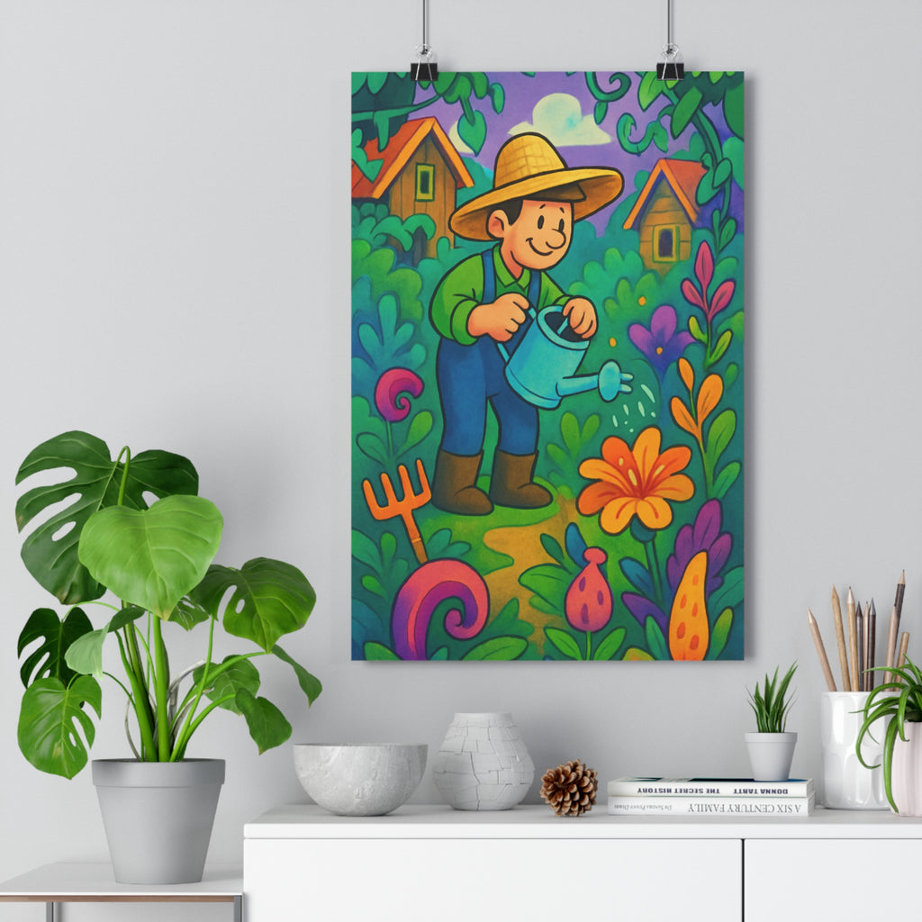Poster décoratif jardin enchanté cartoon vibrant joyeux fleurs colorées chambre salon bureau rêveur ambiance