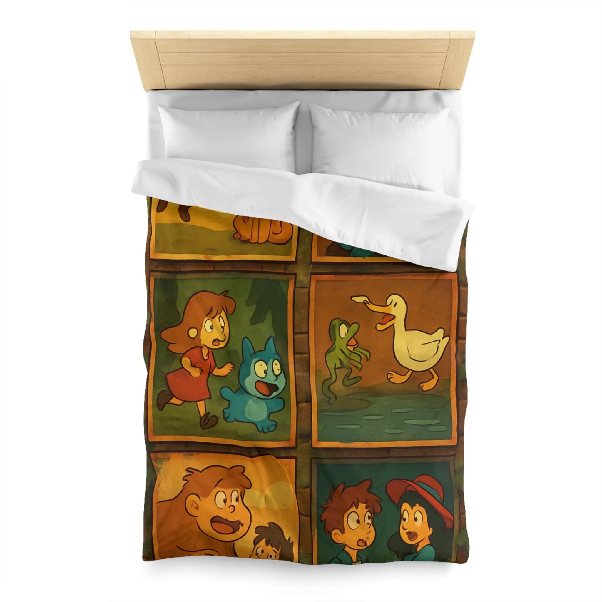 Housse de couette illustrée de scènes animées animalières et humaines ludiques et colorées
