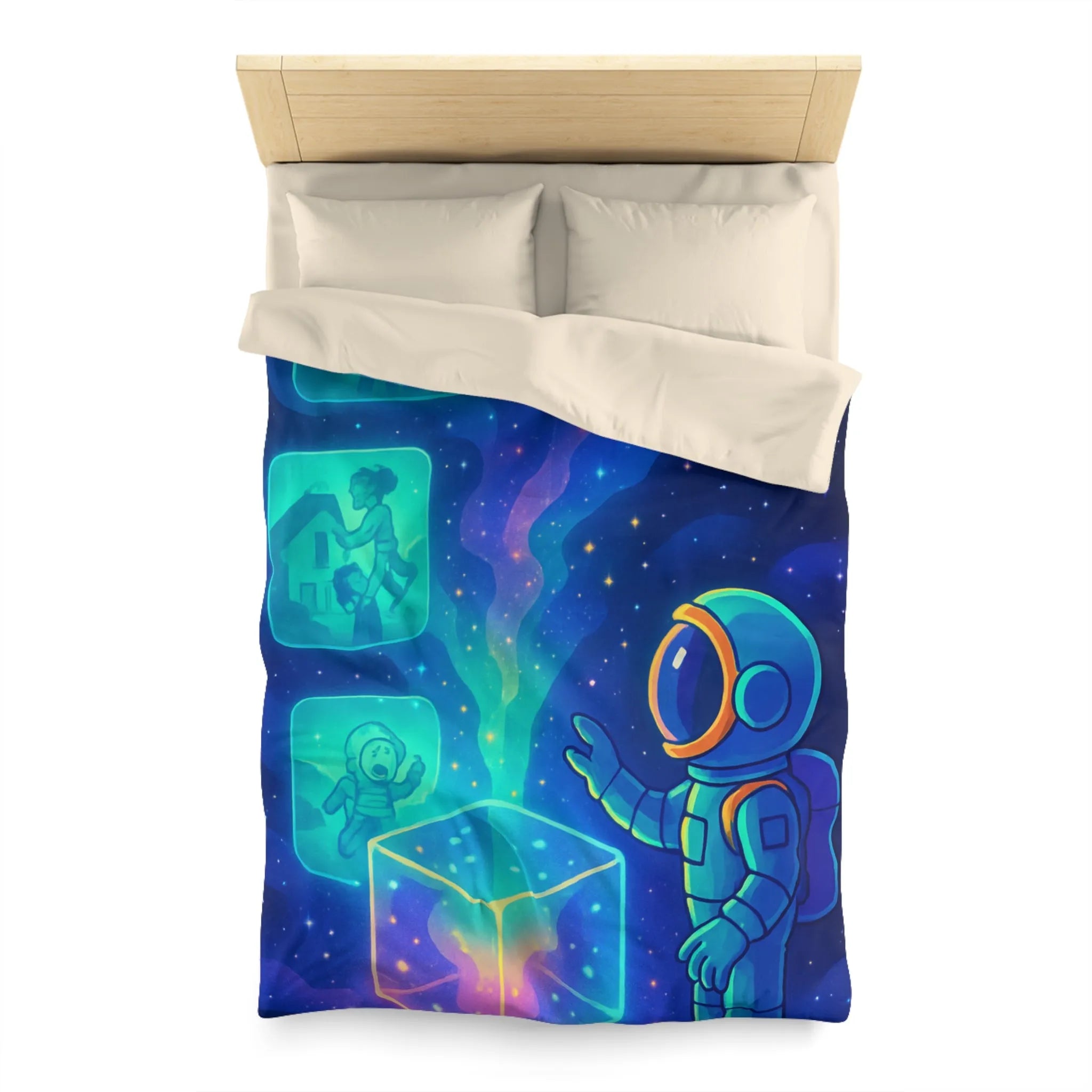 Housse de Couette Galaxie Enfant Rêveur avec Espace, Astronaute et Cube Mystique