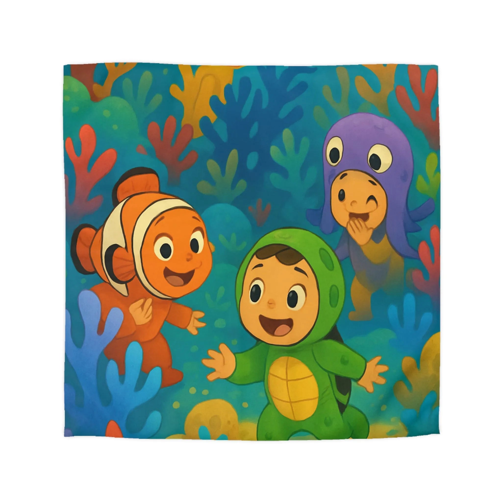 Housse de couette enfant sous-marine avec animaux mignons et corail coloré en illustration