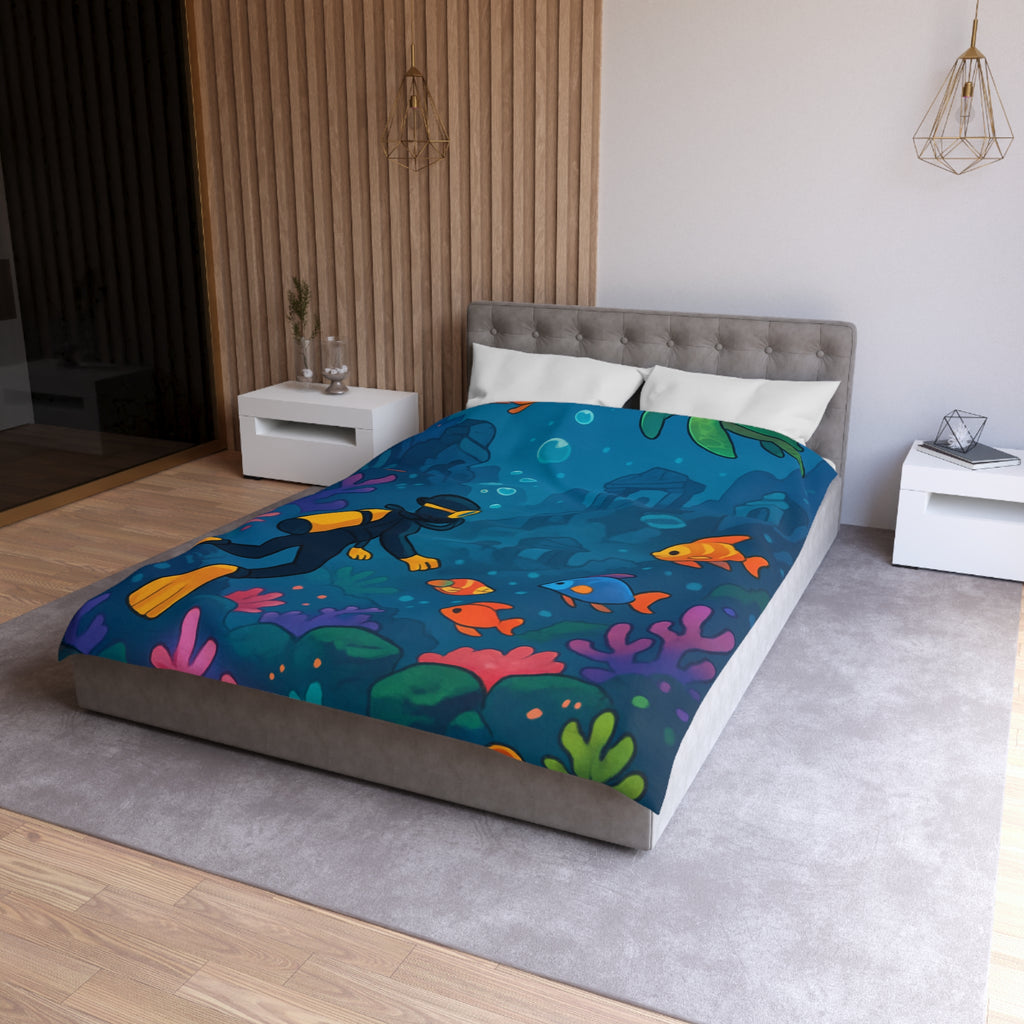 Housse de Couette Requin: Scène Sous-Marine Colorée avec Poissons Exotiques et Tortue