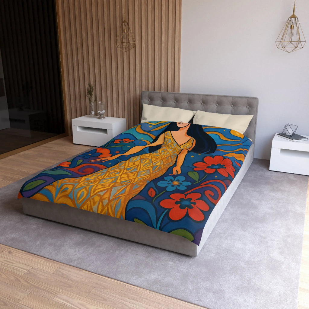 Housse de couette artistique avec motif floral vibrant et silhouette élégante féminine