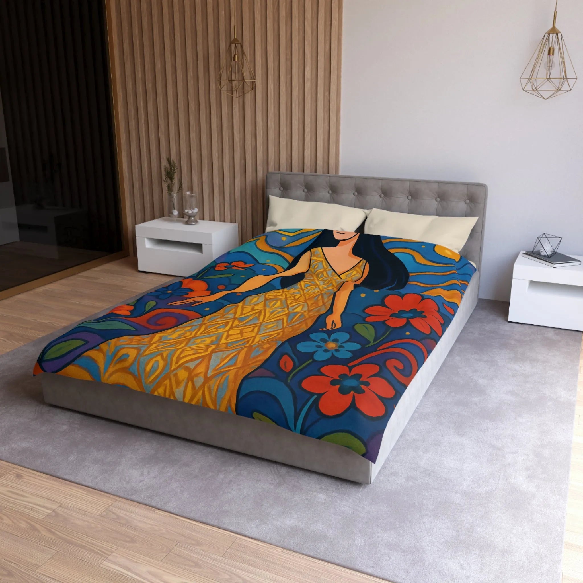 Housse de couette artistique avec motif floral vibrant et silhouette élégante féminine