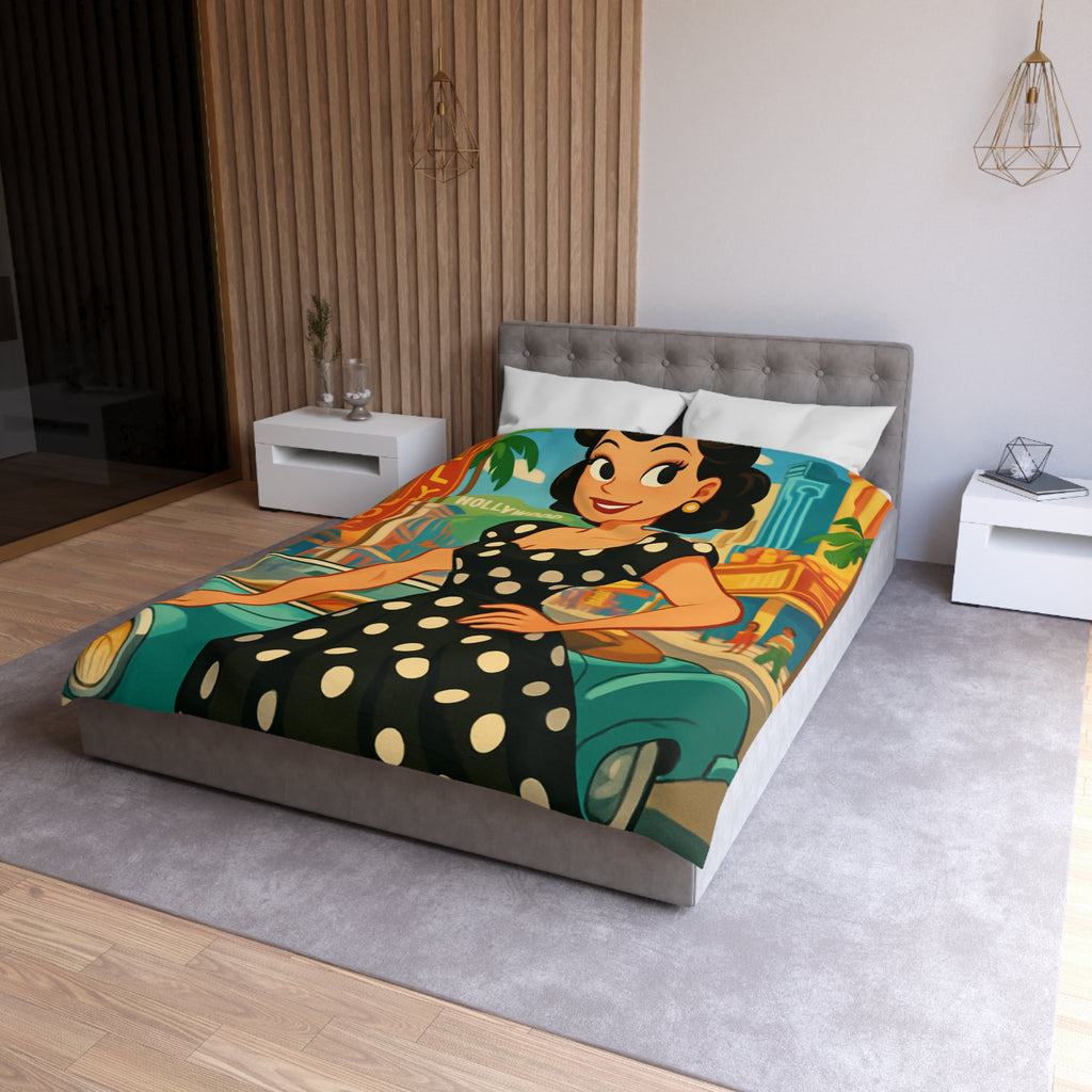 Housse de couette rétro Hollywood années 50 avec motifs de voitures vintage et palmiers