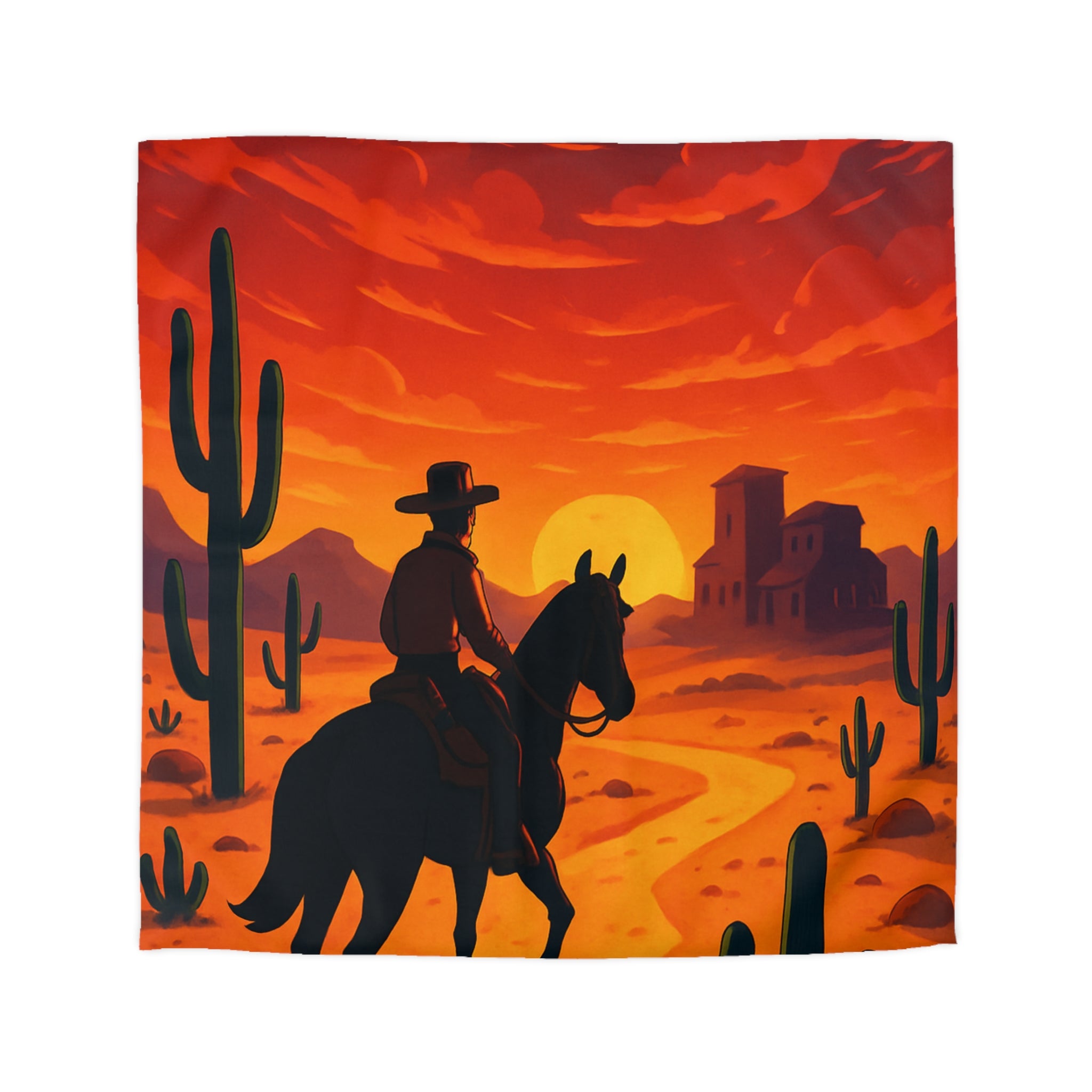 Housse de Couette Stylée Désert Crépusculaire avec Cowboy et Cactus Silhouettes