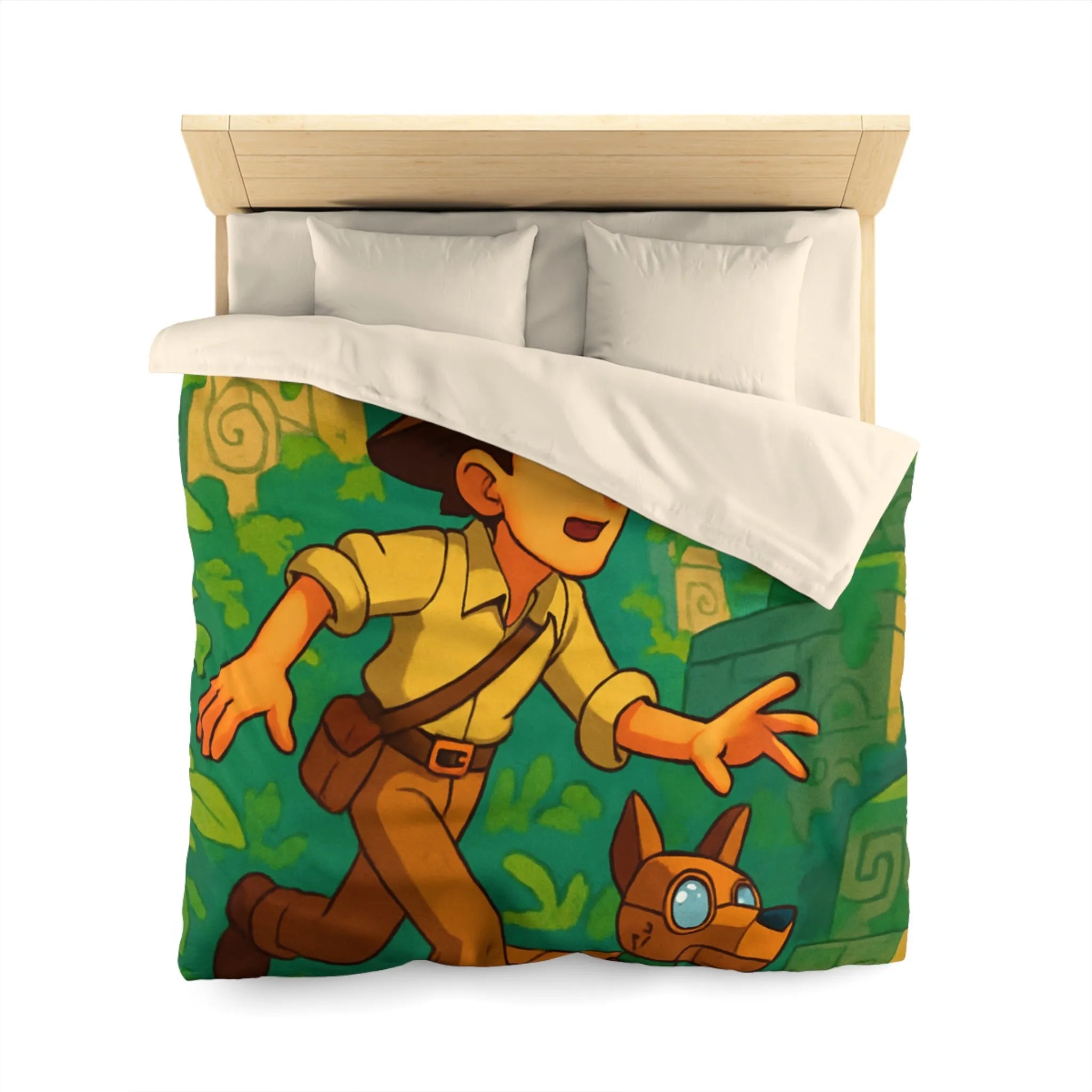 Housse de couette aventure jungle avec personnage explorateur et chien robotique animé