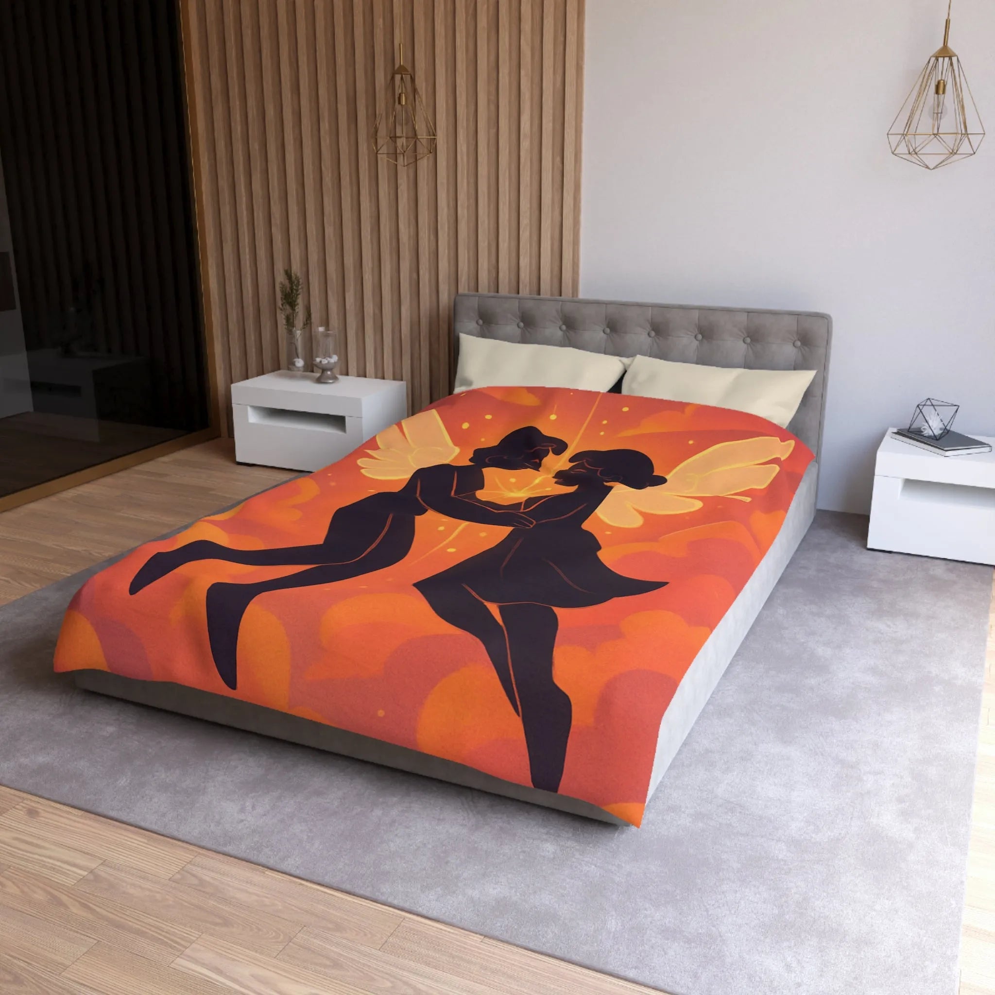 Housse de couette avec anges amoureux flottant dans nuages orangés dorés au crépuscule