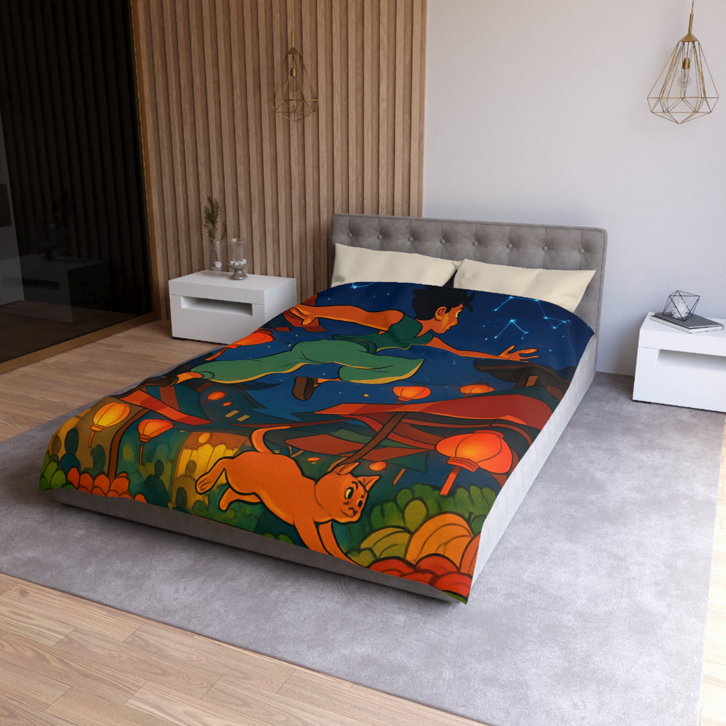 Housse de couette vibrante inspirée d'une scène de marché asiatique nocturne étoilé