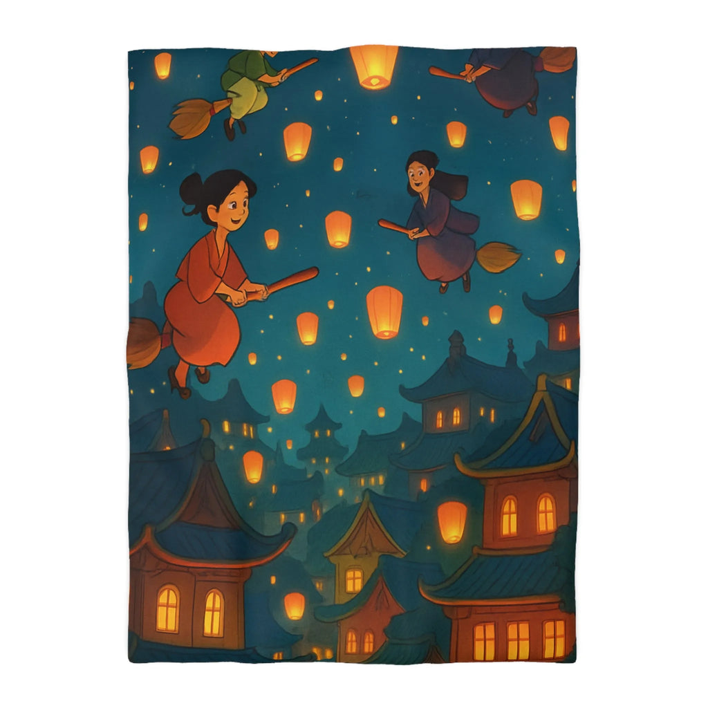 Housse de Couette Magique avec Sorcières Volantes et Lanternes dans le Ciel Nocturne