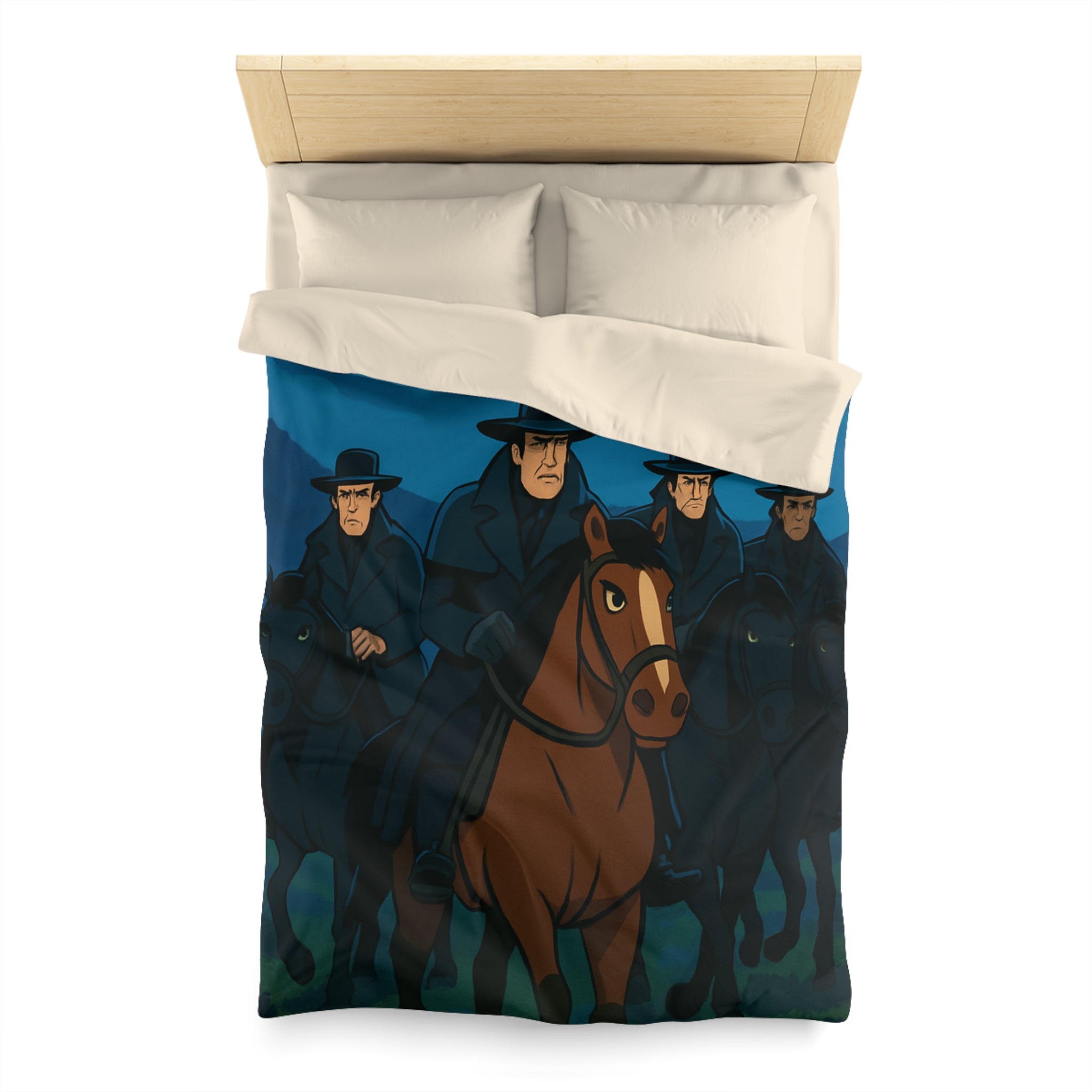 Housse de couette paysage nocturne cavalier sur cheval brun sous lune pleine