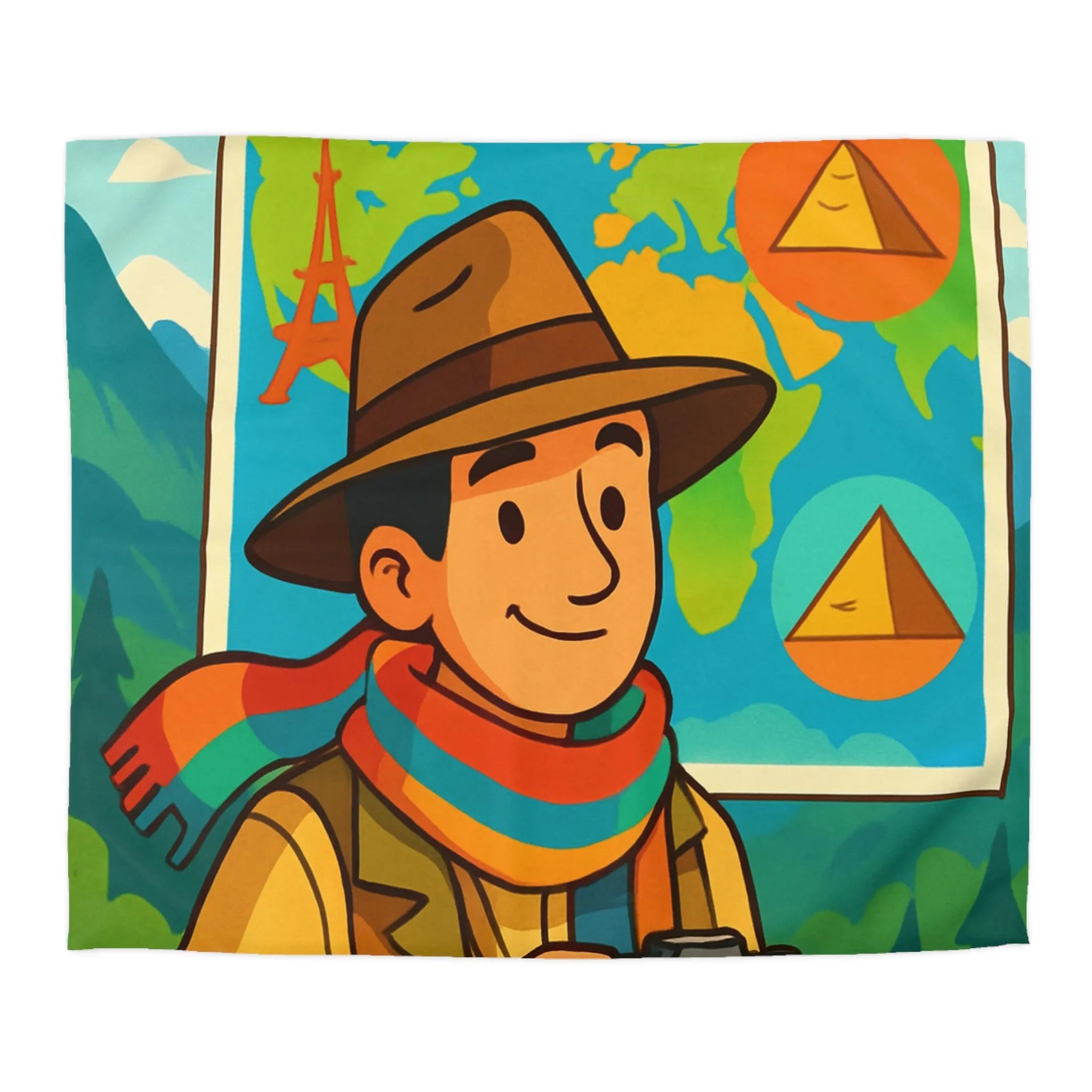 Housse de Couette Aventure Monde Carte Explorateur avec Illustrations Colorées et Éléments Culturels