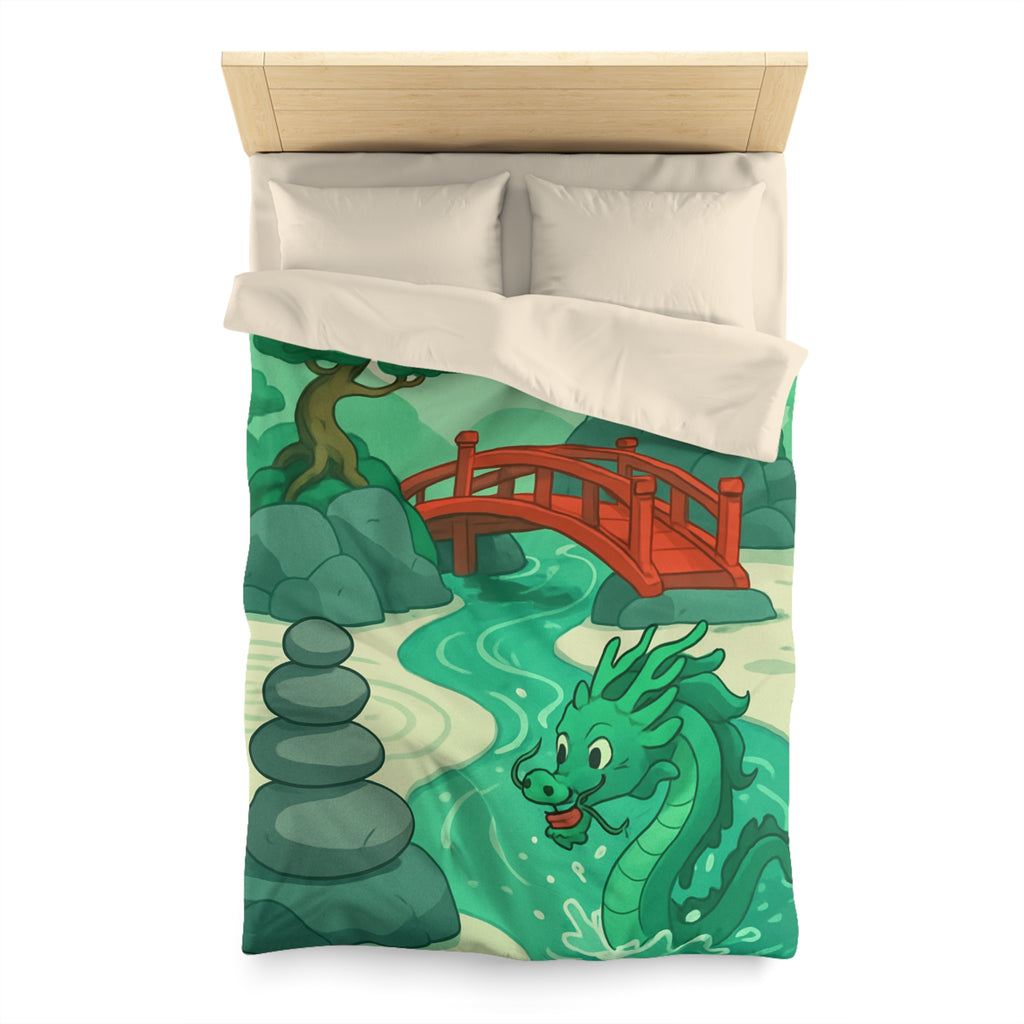 Magnifique housse de couette dragon vert dans jardin zen avec pont rouge