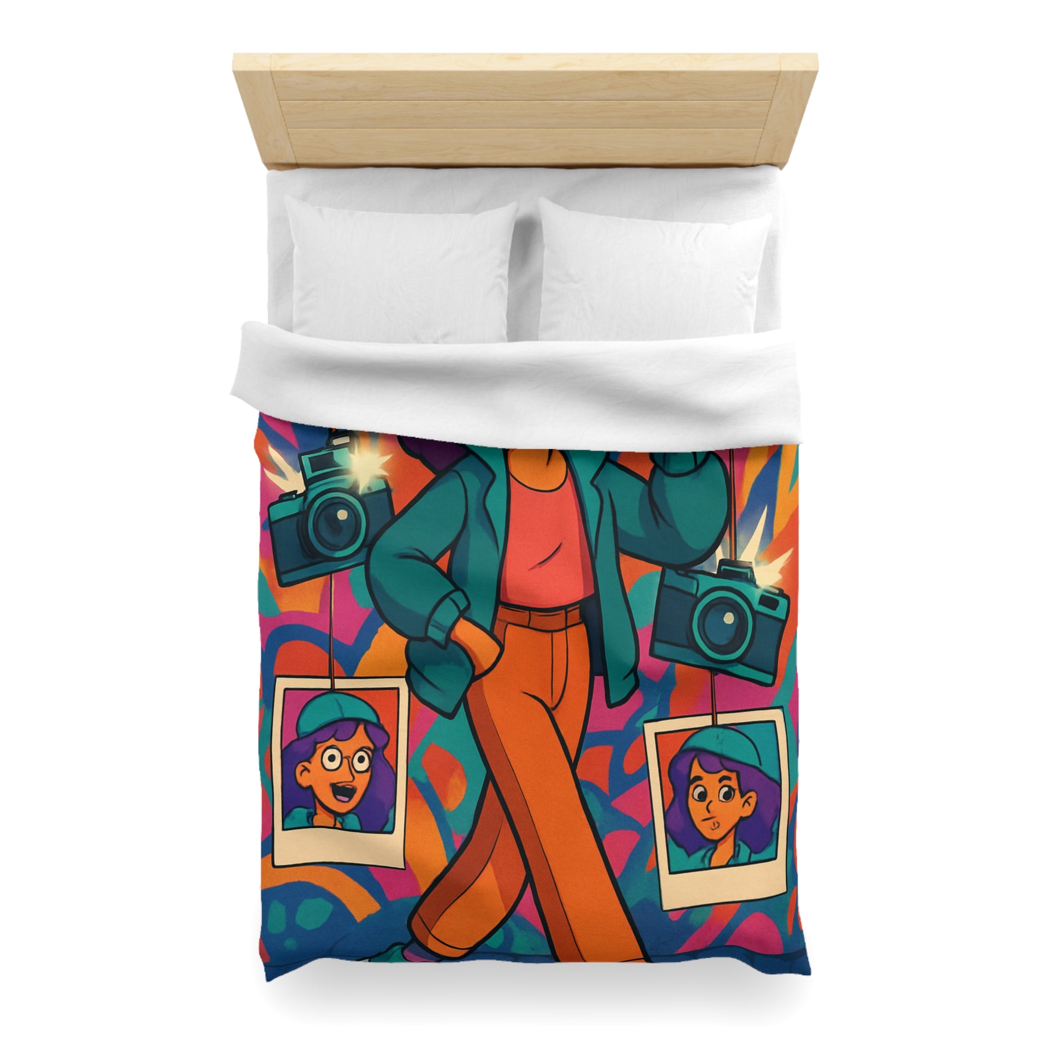 Housse de couette vivante avec personnage stylé marchant dans ambiance artistique colorée et ludique