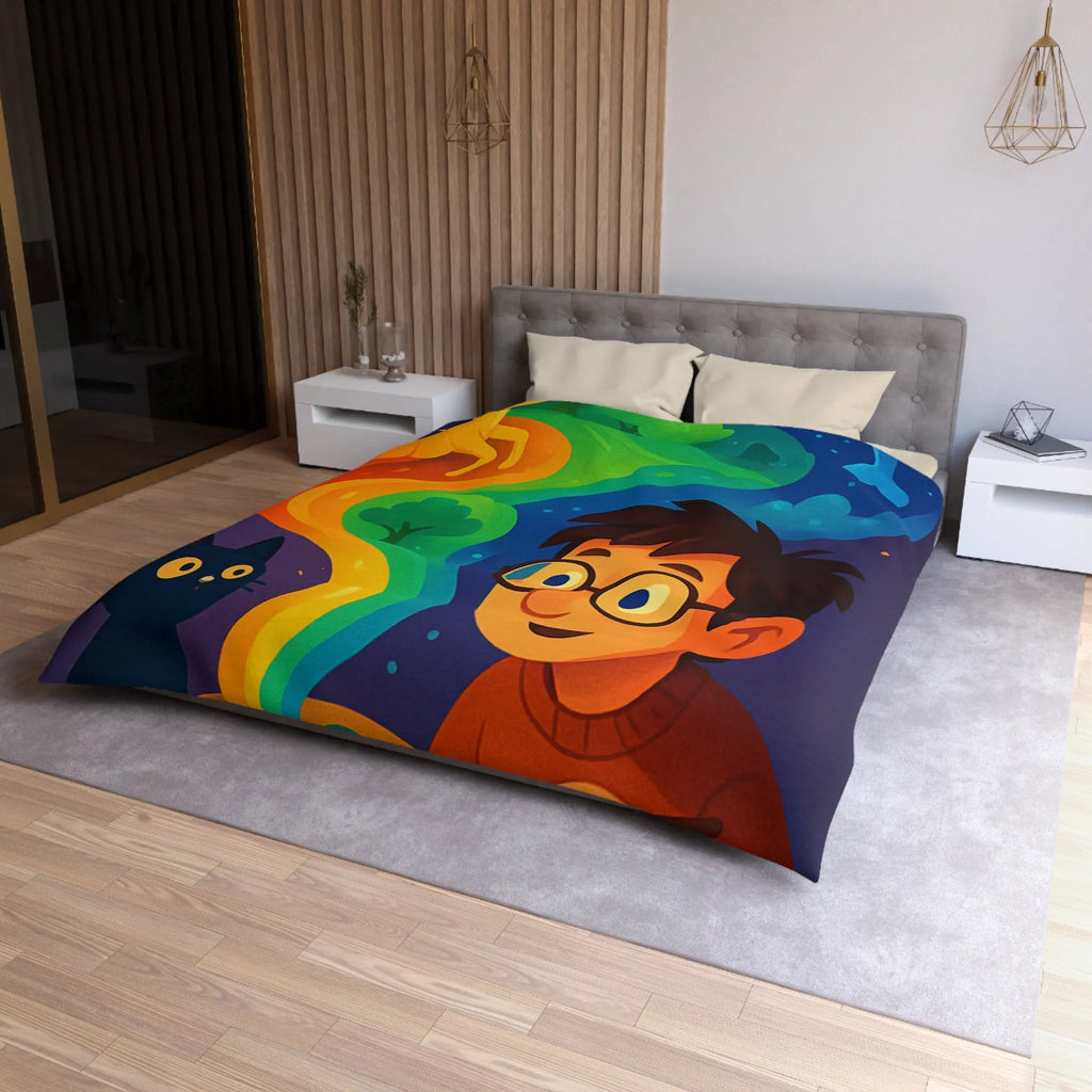 Housse de couette colorée illustrée avec artiste, palette et animaux fantastiques