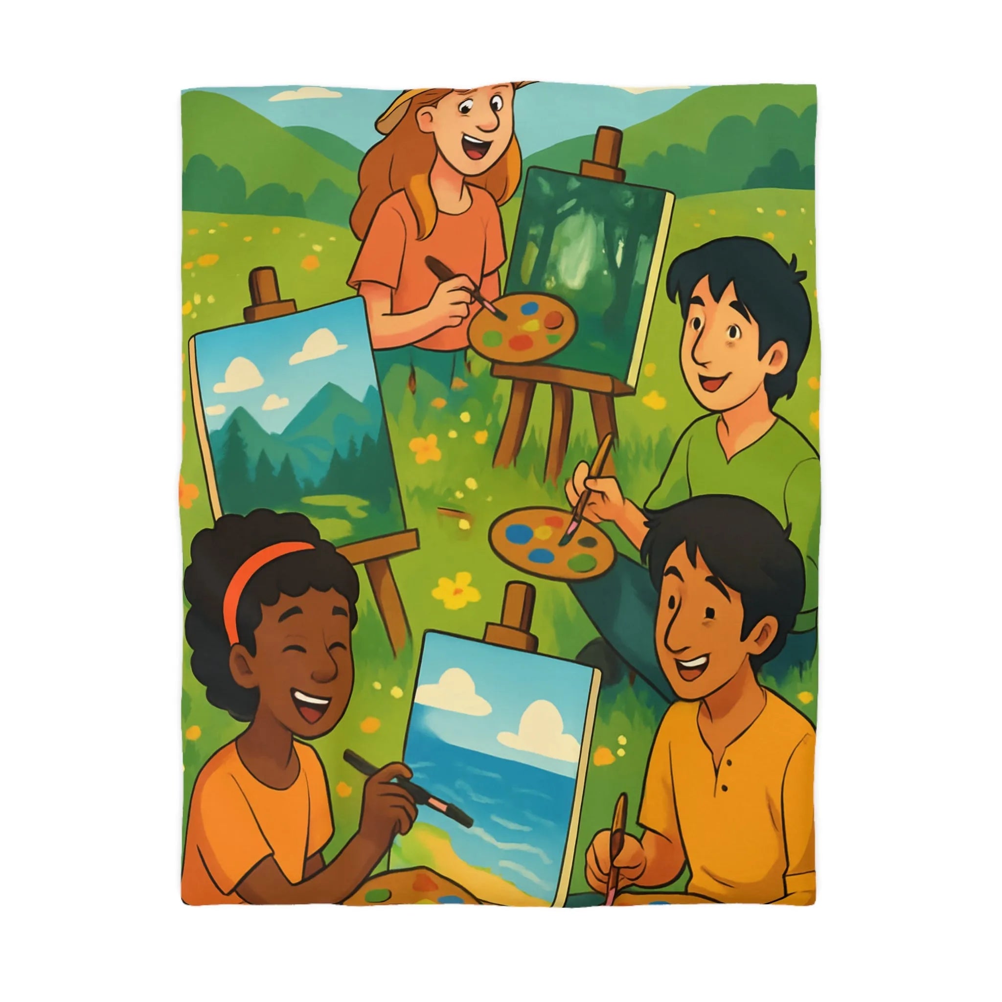Housse de couette décorative avec enfants peignant dans champ fleuri en plein air