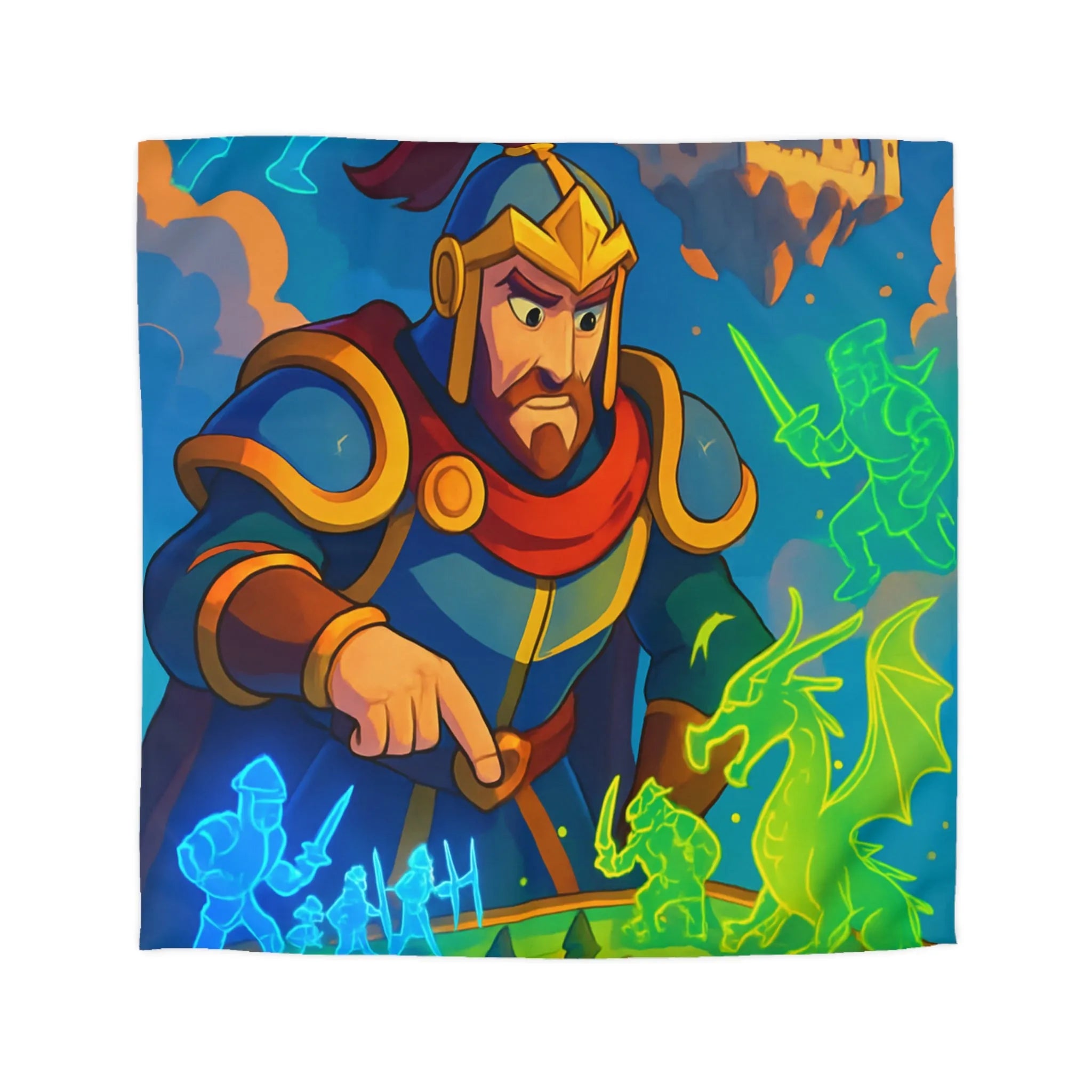 Housse de couette épique guerriers médiévaux et dragon sur plateau de jeu fantastique