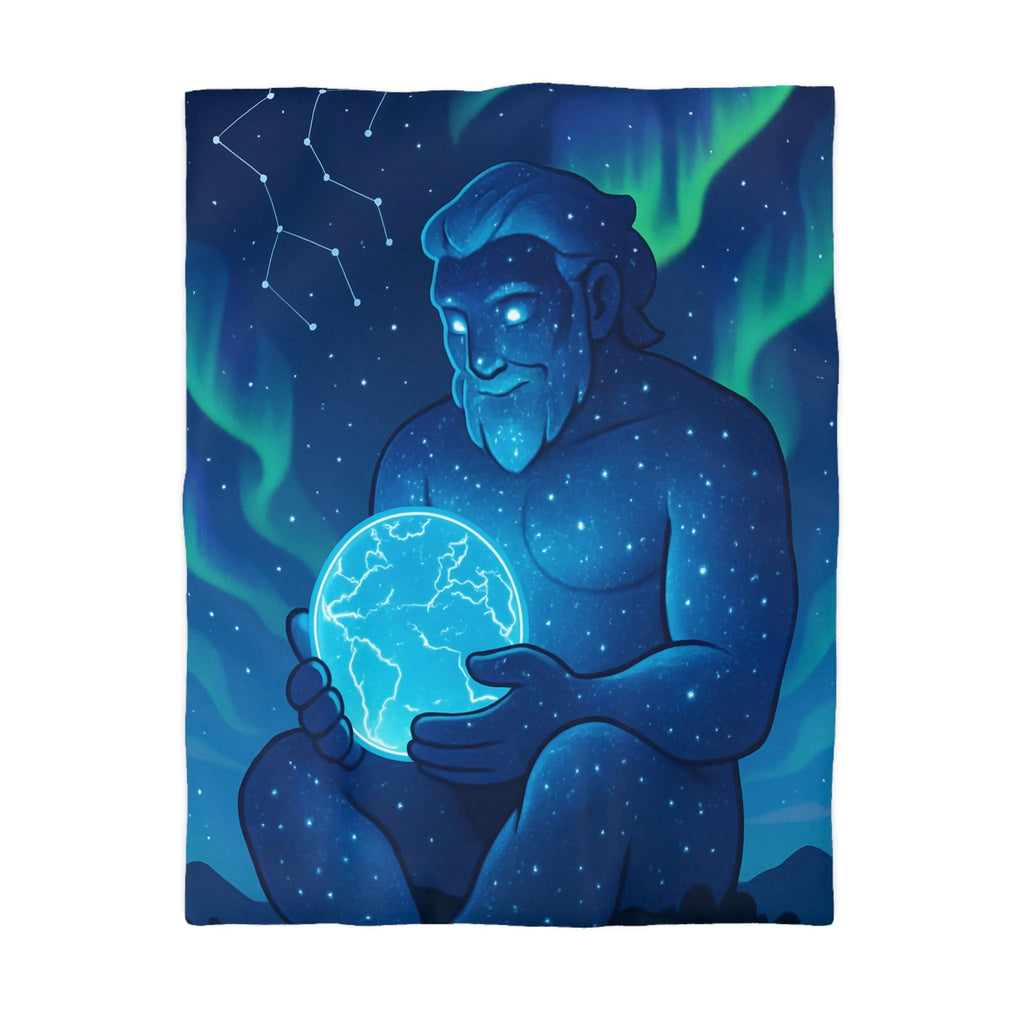 Housse de couette cosmique avec géant céleste tenant une planète lumineuse bleue