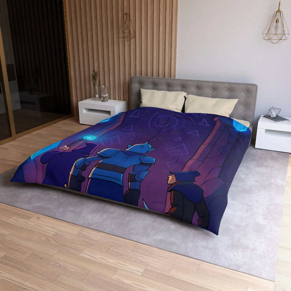 Housse de couette médiévale fantasy avec chevalier et magicien devant porte mystique