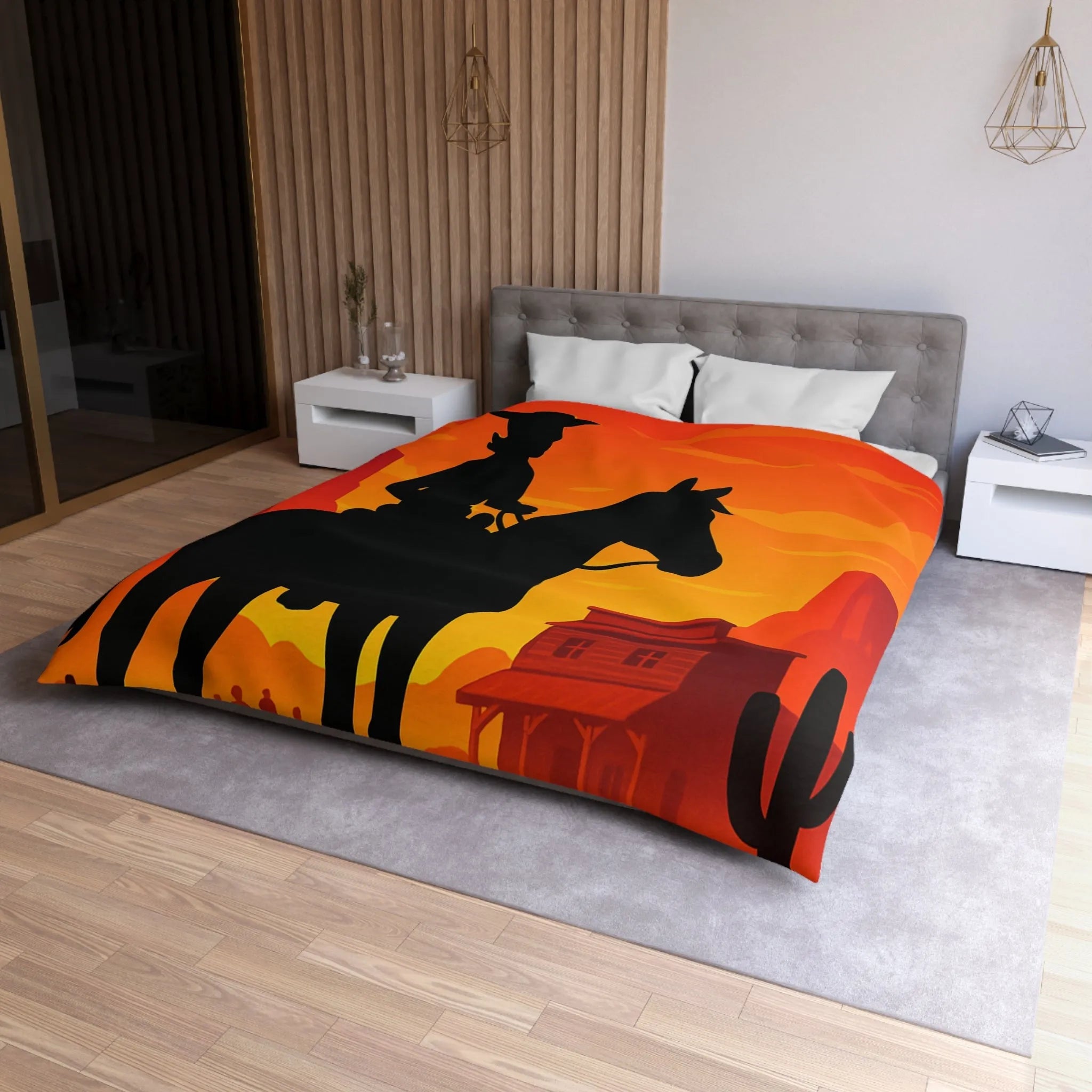 Housse de couette Far West cavalier cheval silhouette coucher de soleil scène désertique