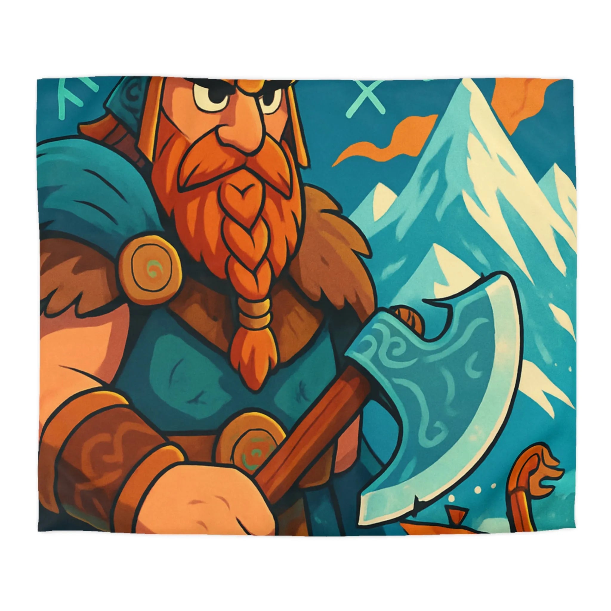 Housse de couette avec Viking, hache nordique, montagnes enneigées et runes anciennes