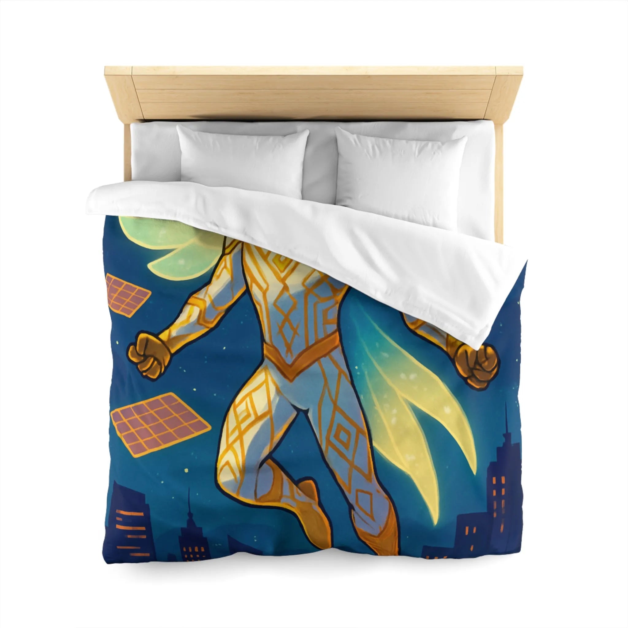 Housse de couette avec héros ailé lumineux sur ciel étoilé et ville futuriste
